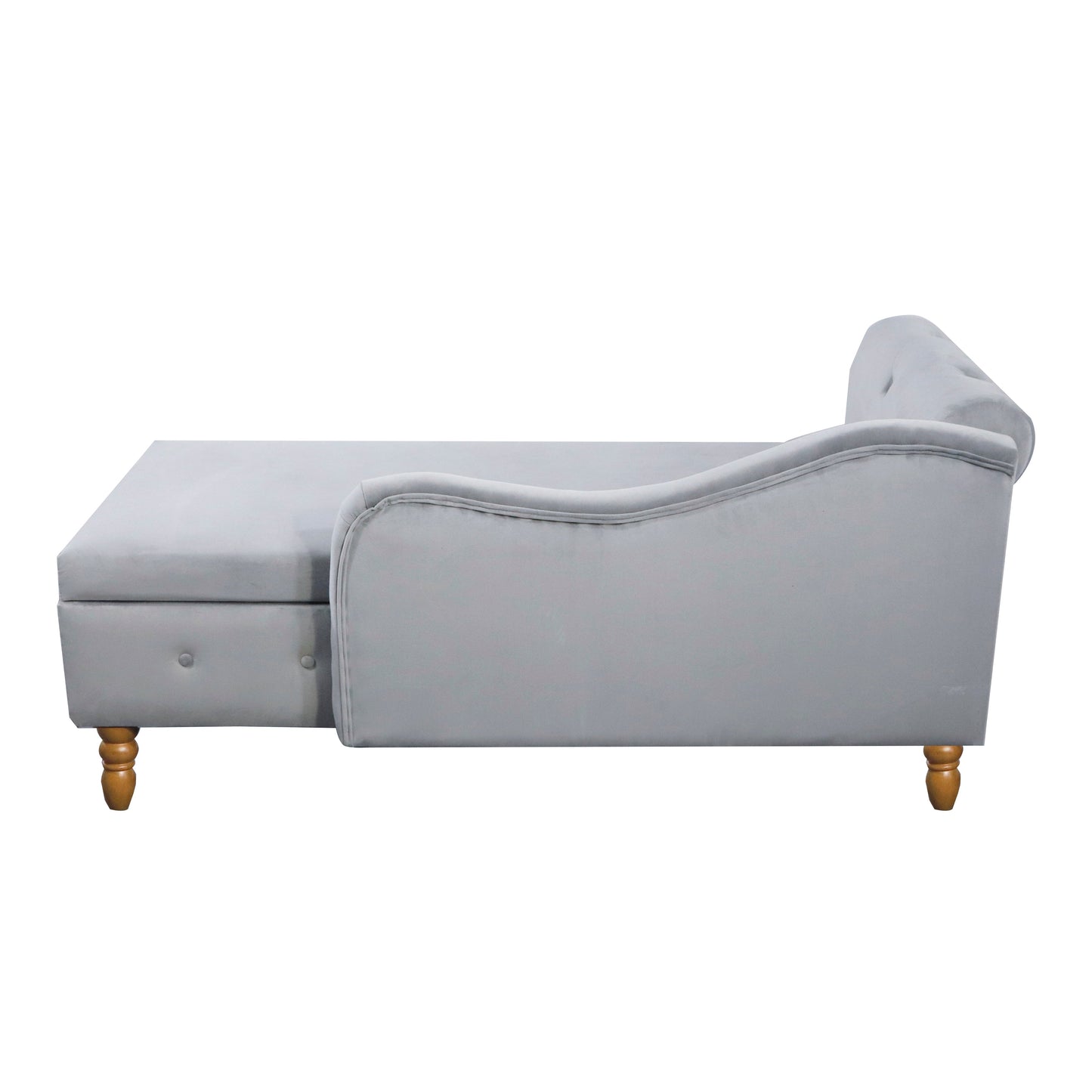 Chaise longue en velours gris avec rangement et coussin