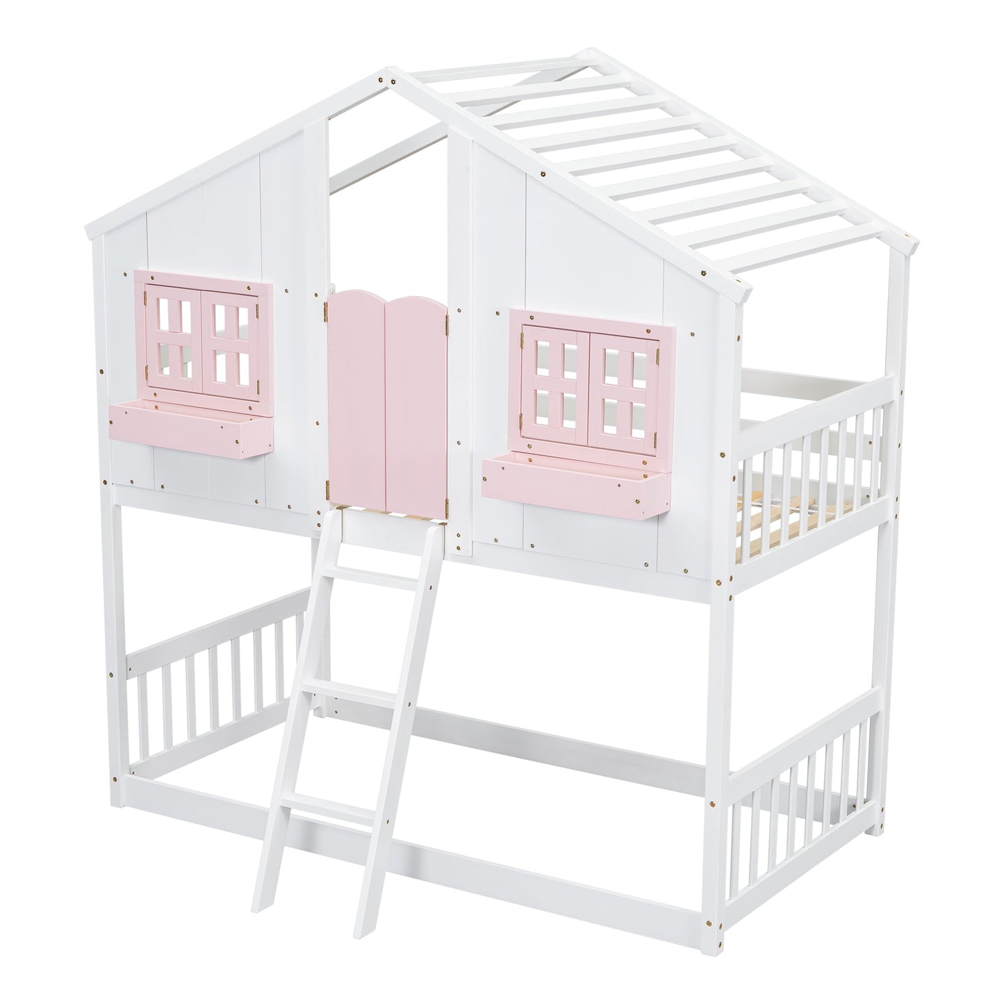 Twin over Twin House Bunk Bed with Roof , Window, Window Box, Door , with Safety Guardrails and Ladder, Pink/White - Korvel