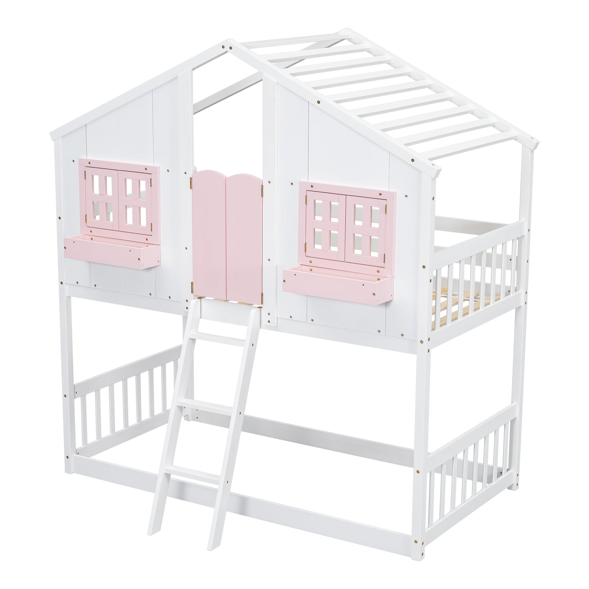 Twin over Twin House Bunk Bed with Roof , Window, Window Box, Door , with Safety Guardrails and Ladder, Pink/White - Korvel