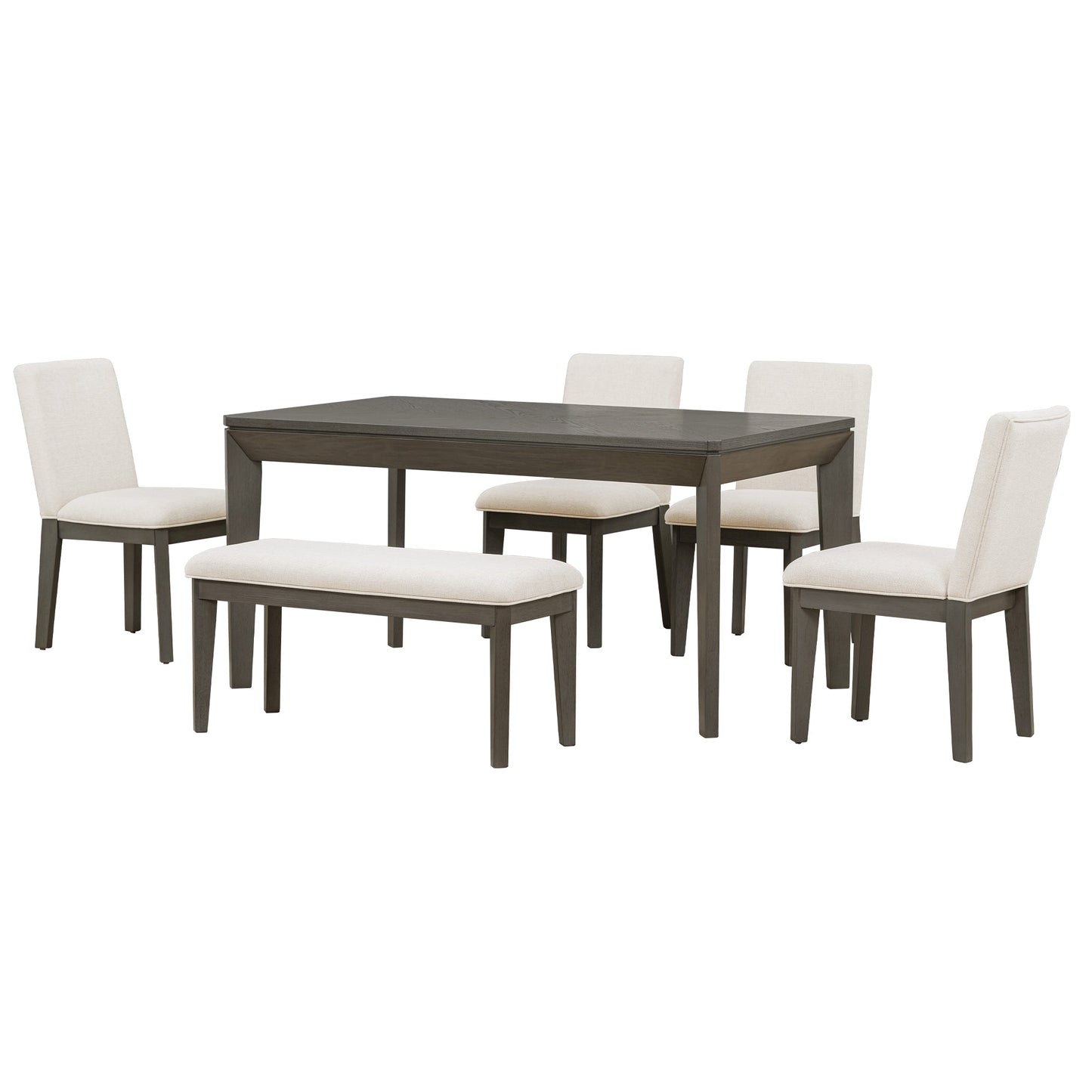TOPMAX 6-Piece Dining Table Set with Upholstered Dining Chairs and Bench Farmhouse Style Tapered Legs Dark Gray+Beige - Korvel