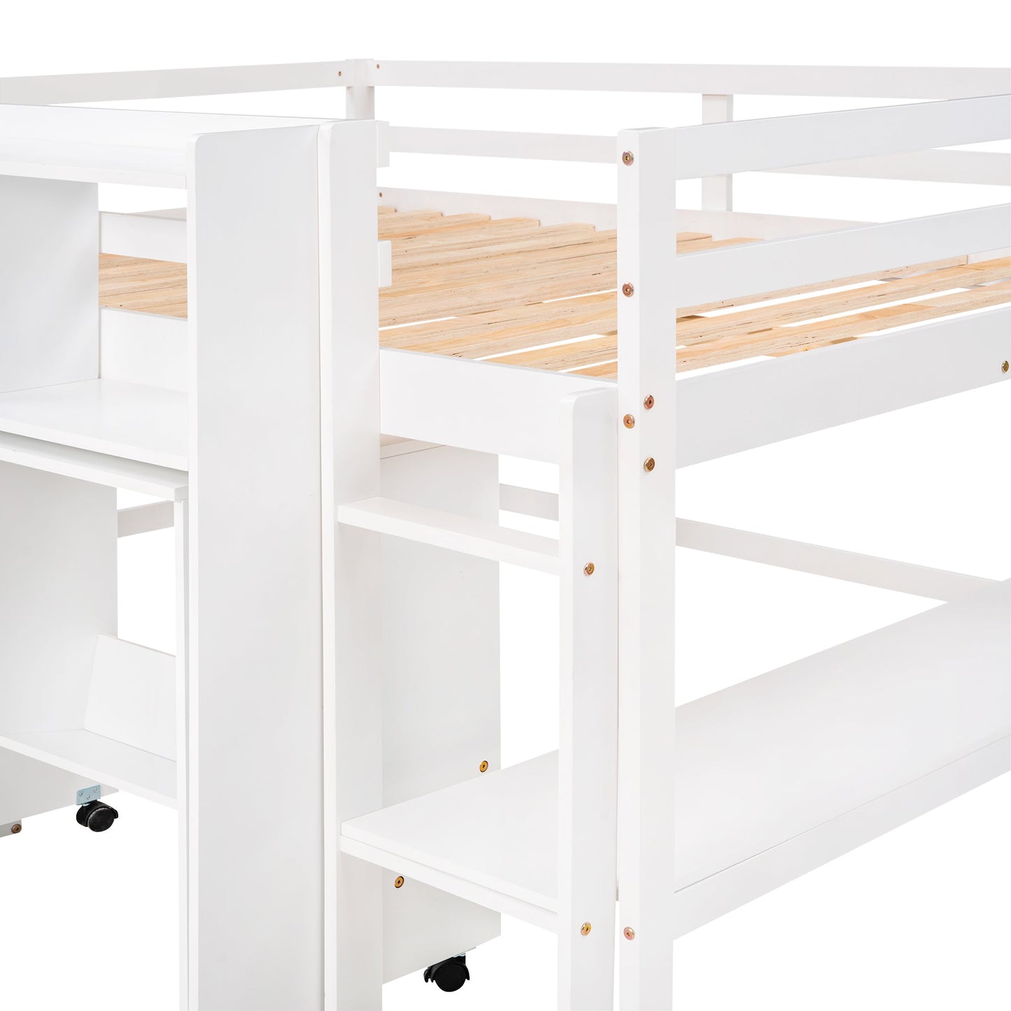 Full Size Low Loft Bed with Rolling Portable Desk, Drawers and Shelves, White - Korvel
