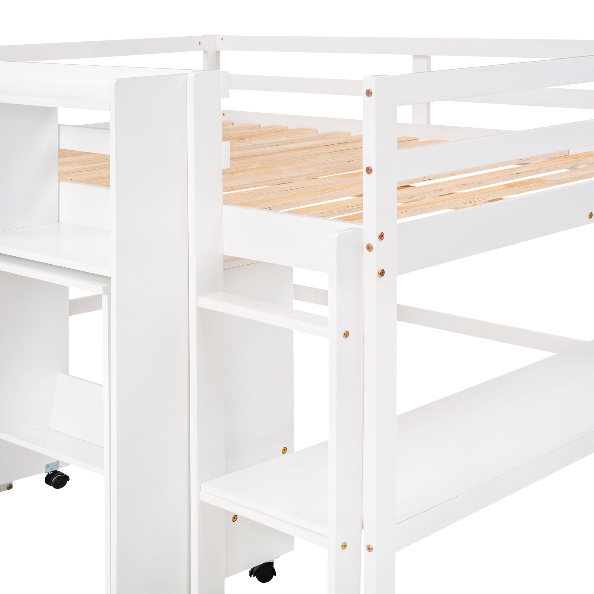 Full Size Low Loft Bed with Rolling Portable Desk, Drawers and Shelves, White - Korvel