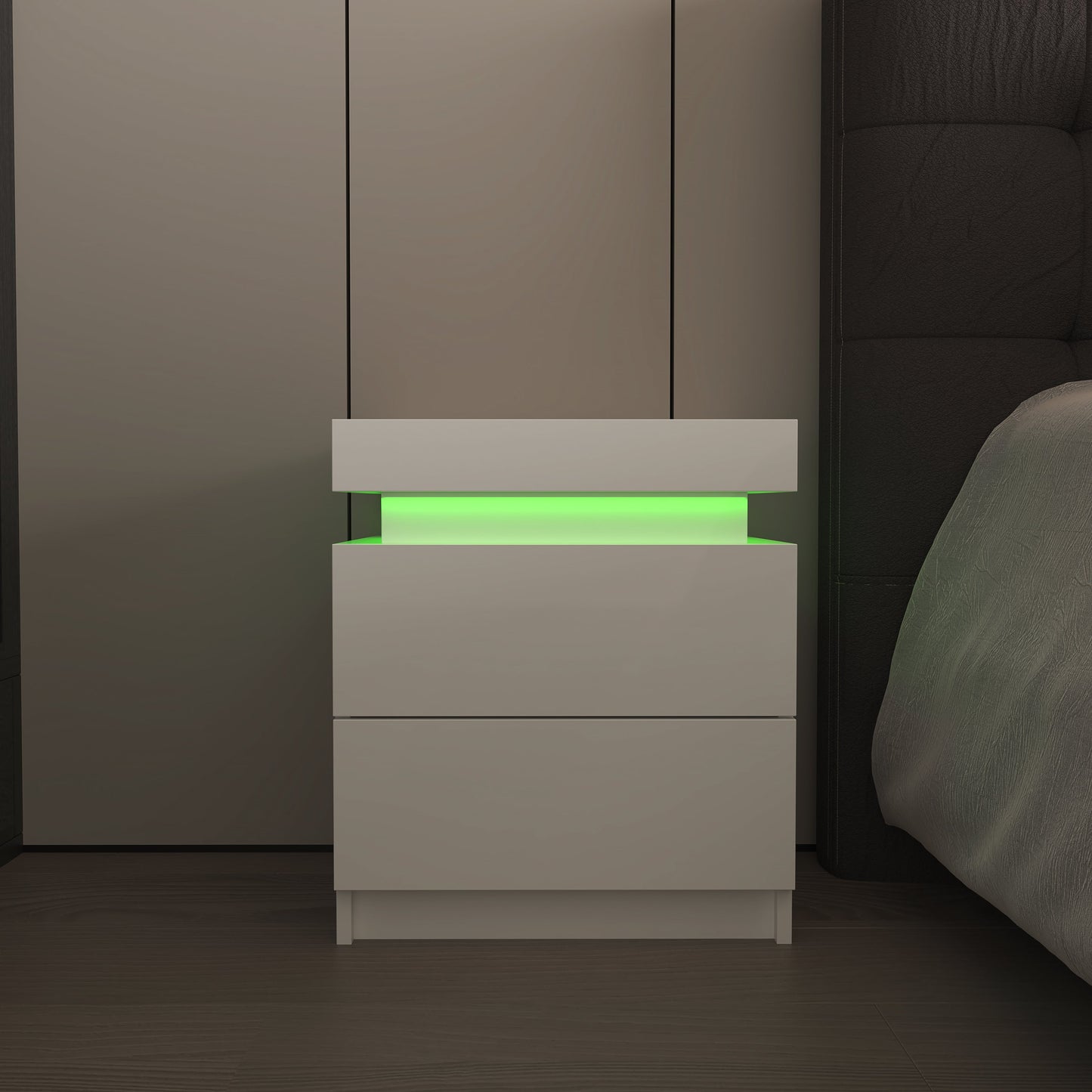 Modern white Nightstand With 2 Storage Drawers,Led Lights, End Table For Bedroom Furniture - Korvel