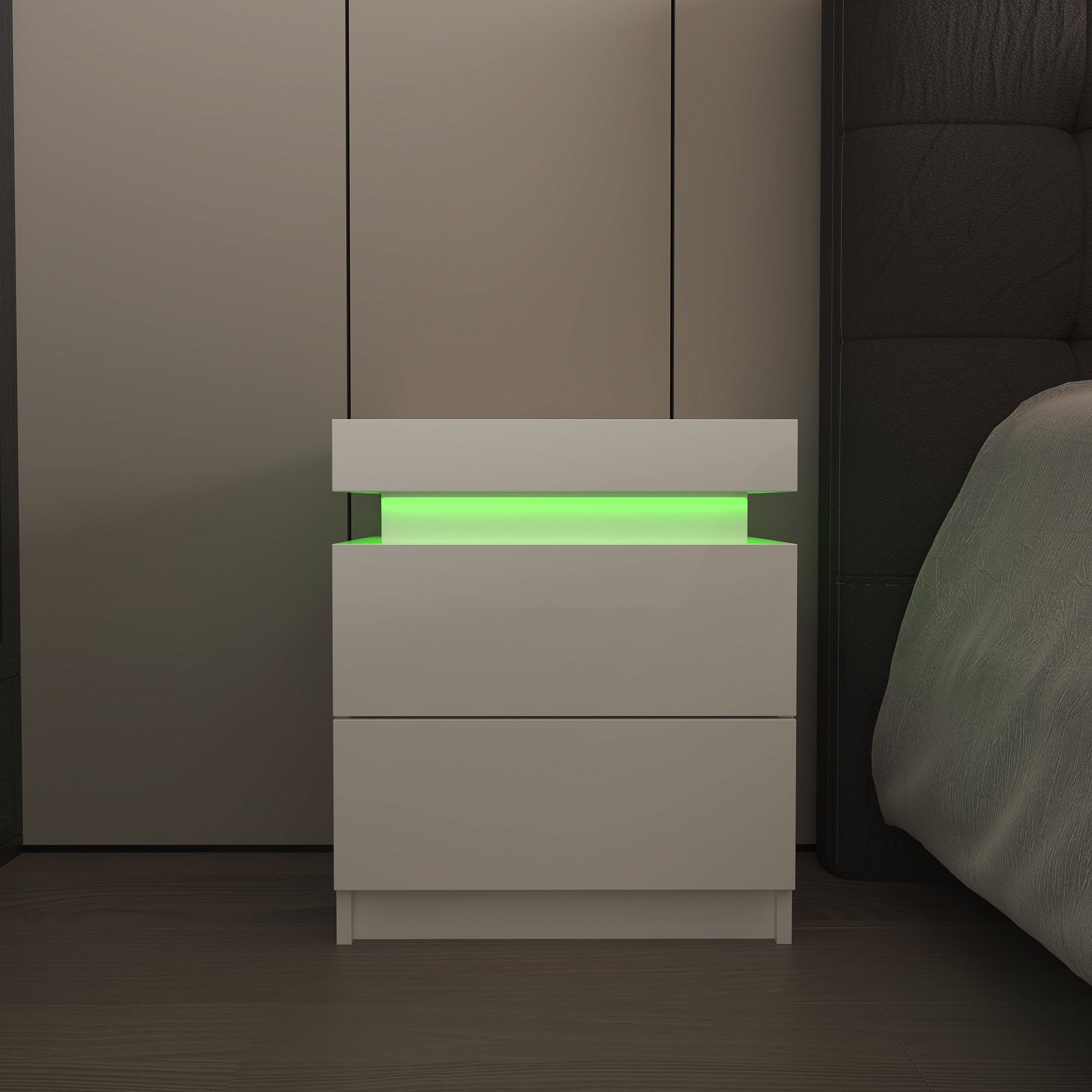 Modern white Nightstand With 2 Storage Drawers,Led Lights, End Table For Bedroom Furniture - Korvel