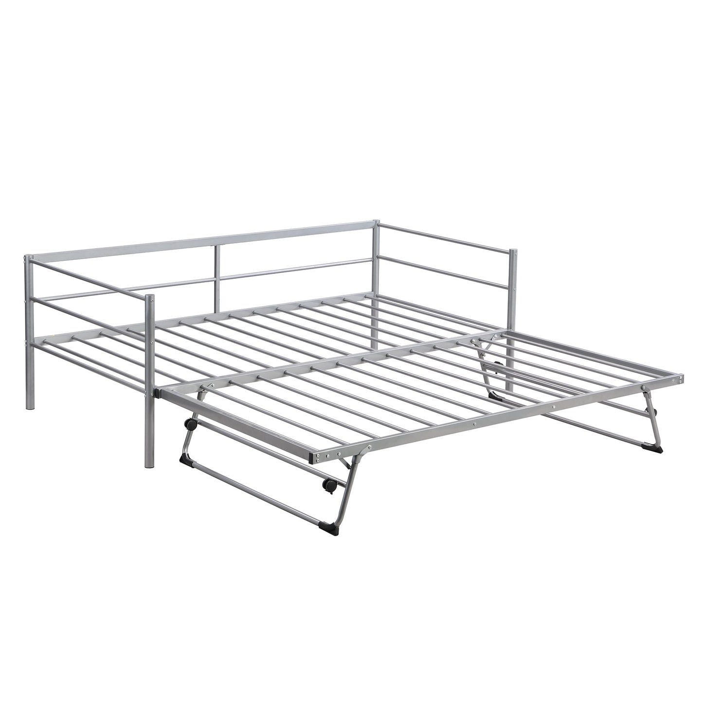 Twin Size Metal Daybed with Adjustable Trundle  Pop Up Trundle  Silver - Korvel