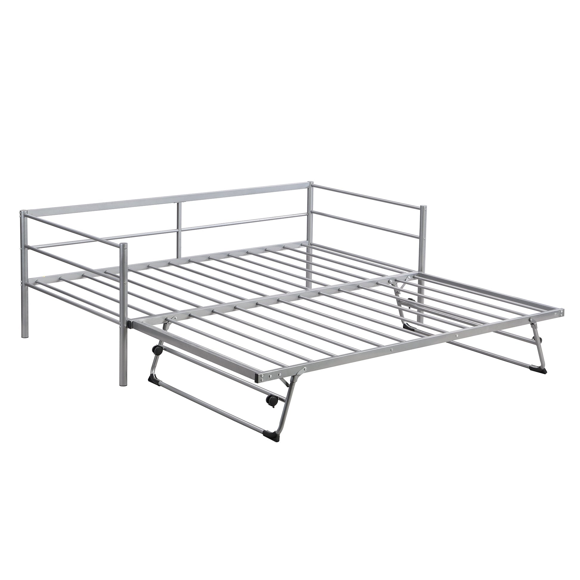 Twin Size Metal Daybed with Adjustable Trundle  Pop Up Trundle  Silver - Korvel