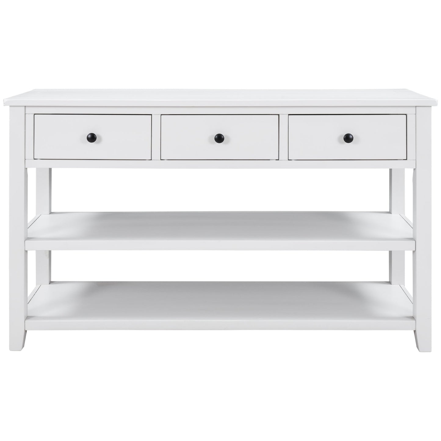 Retro Design Console Table with Two Open Shelves, Pine Solid Wood Frame and Legs for Living Room (Antique White) - Korvel