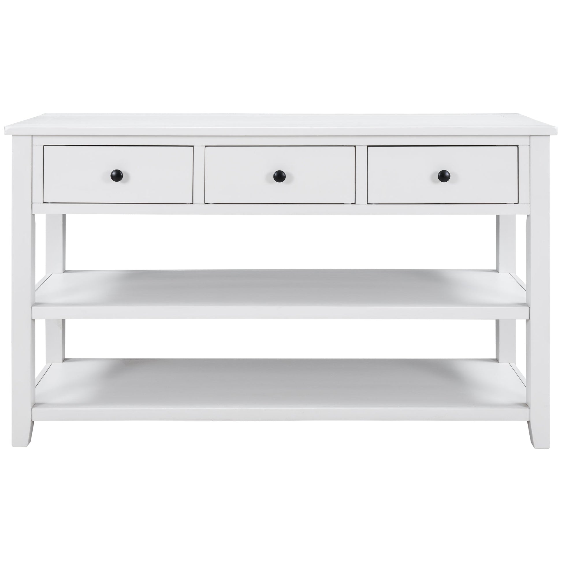 Retro Design Console Table with Two Open Shelves, Pine Solid Wood Frame and Legs for Living Room (Antique White) - Korvel