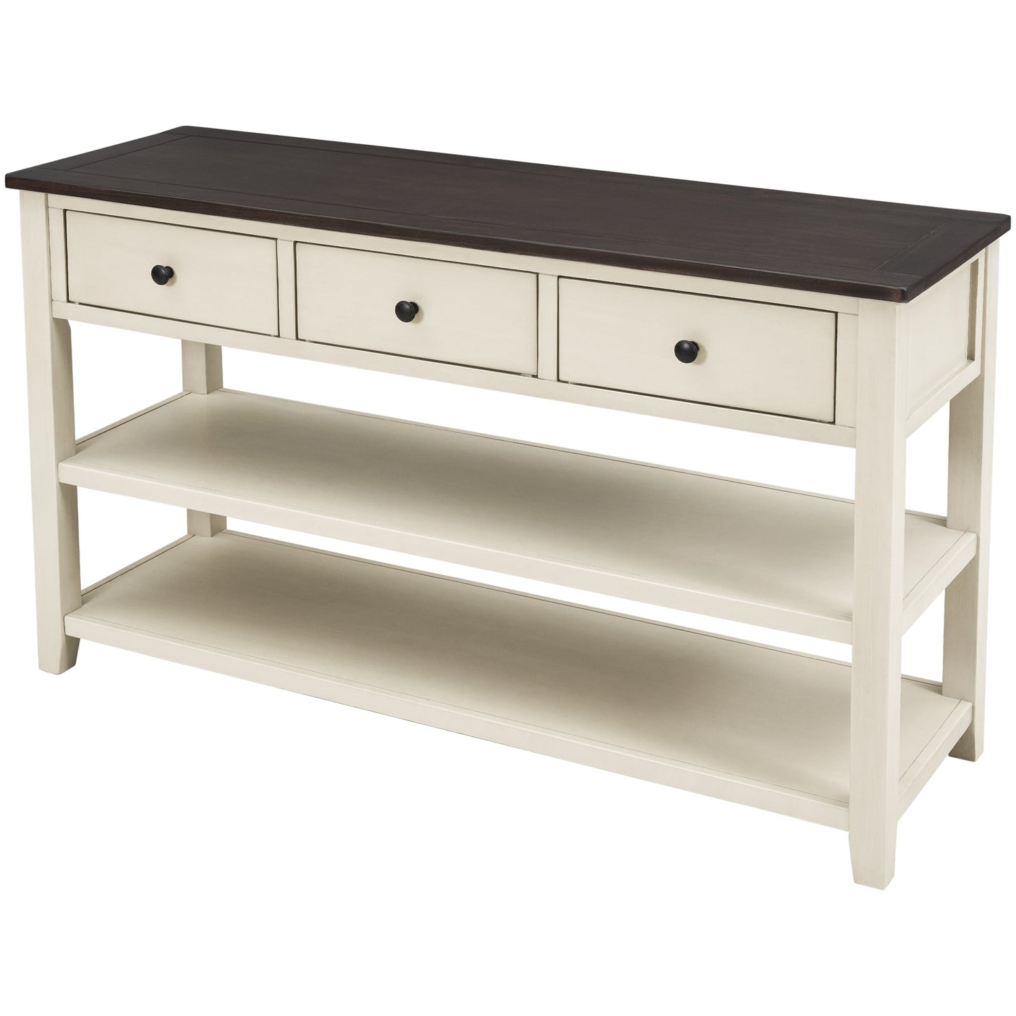 Table Console Rétro avec Étagères Ouvertes - Espresso et Beige