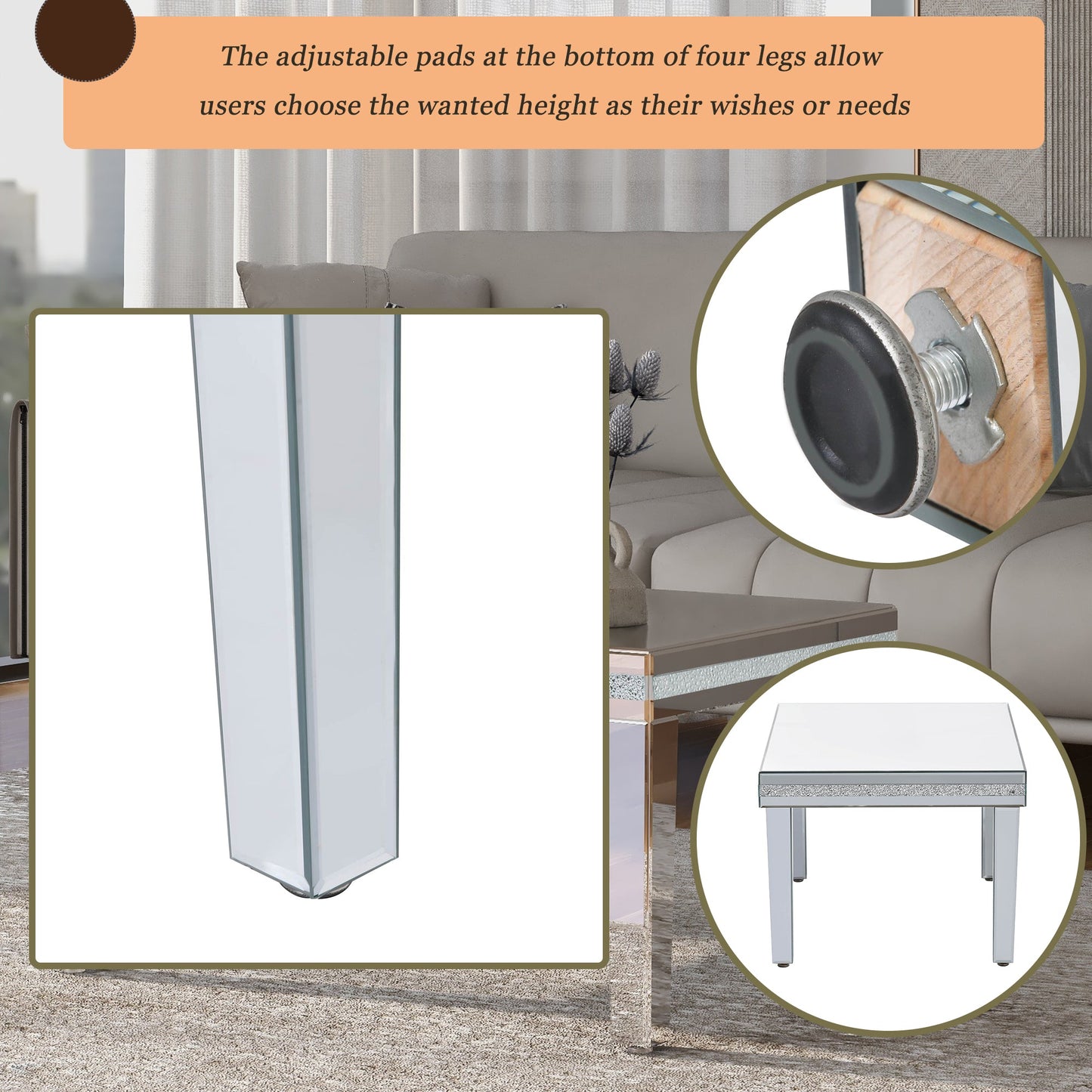 ON-TRANS Modern Glass Mirrored Coffee Table with Adjustable Height