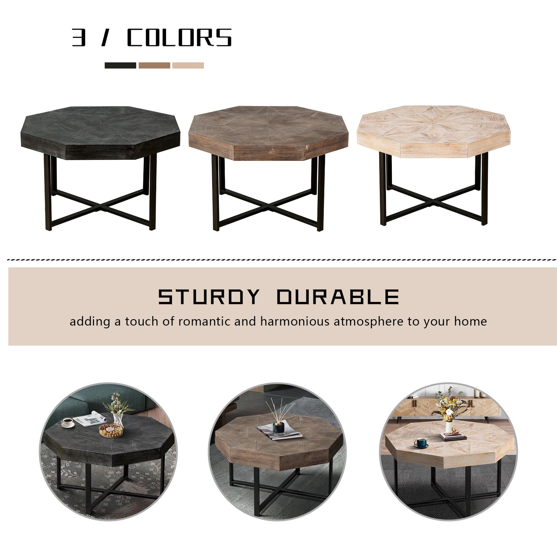 Wooden octagonal retro patchwork craft 30 inch wooden tabletop cross metal leg coffee table (Antique Black) - Korvel