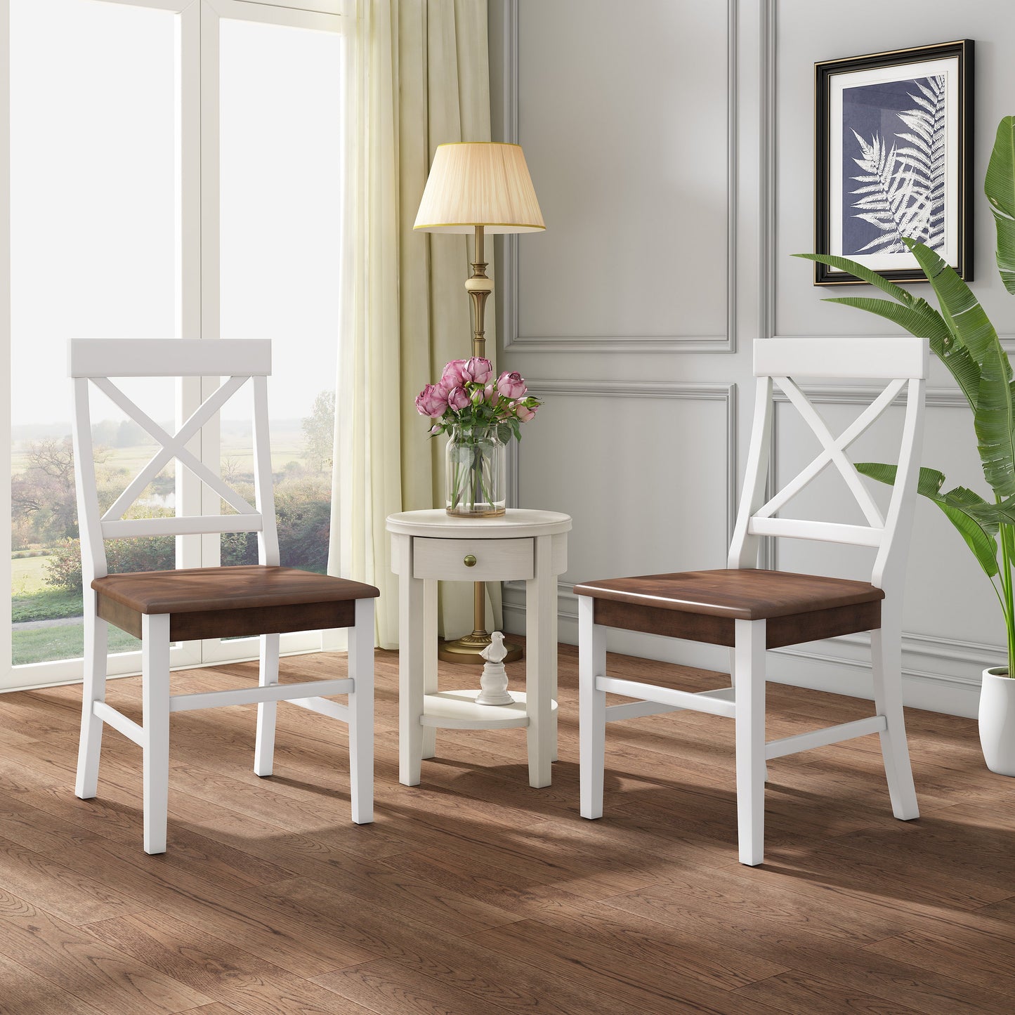 Roshan Farmhouse Acacia Wood Dining Chairs - White/Walnut (Set of 2)