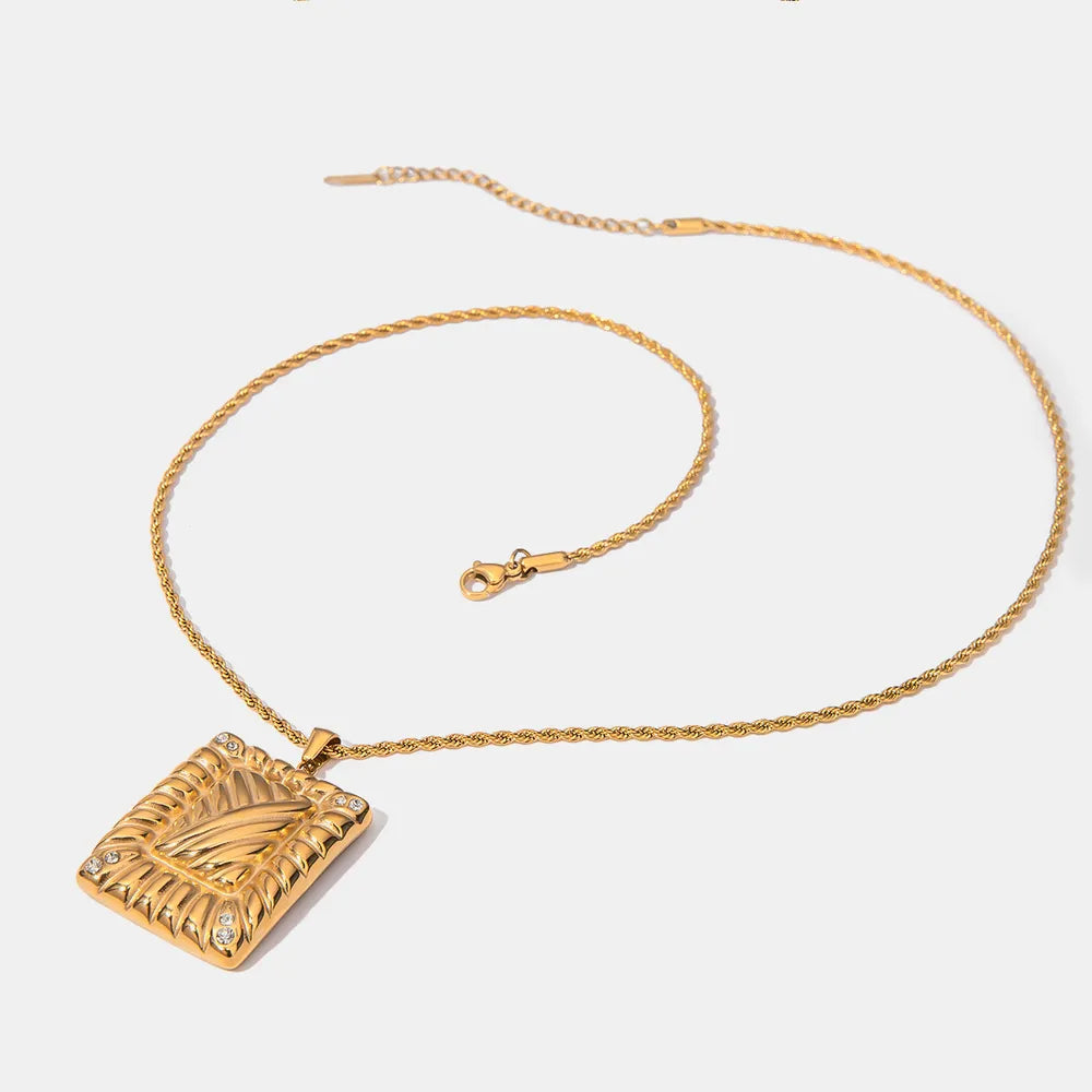 Stainless Steel Inlaid Rhinestone Rectangle Shape Pendant Necklace - Korvel