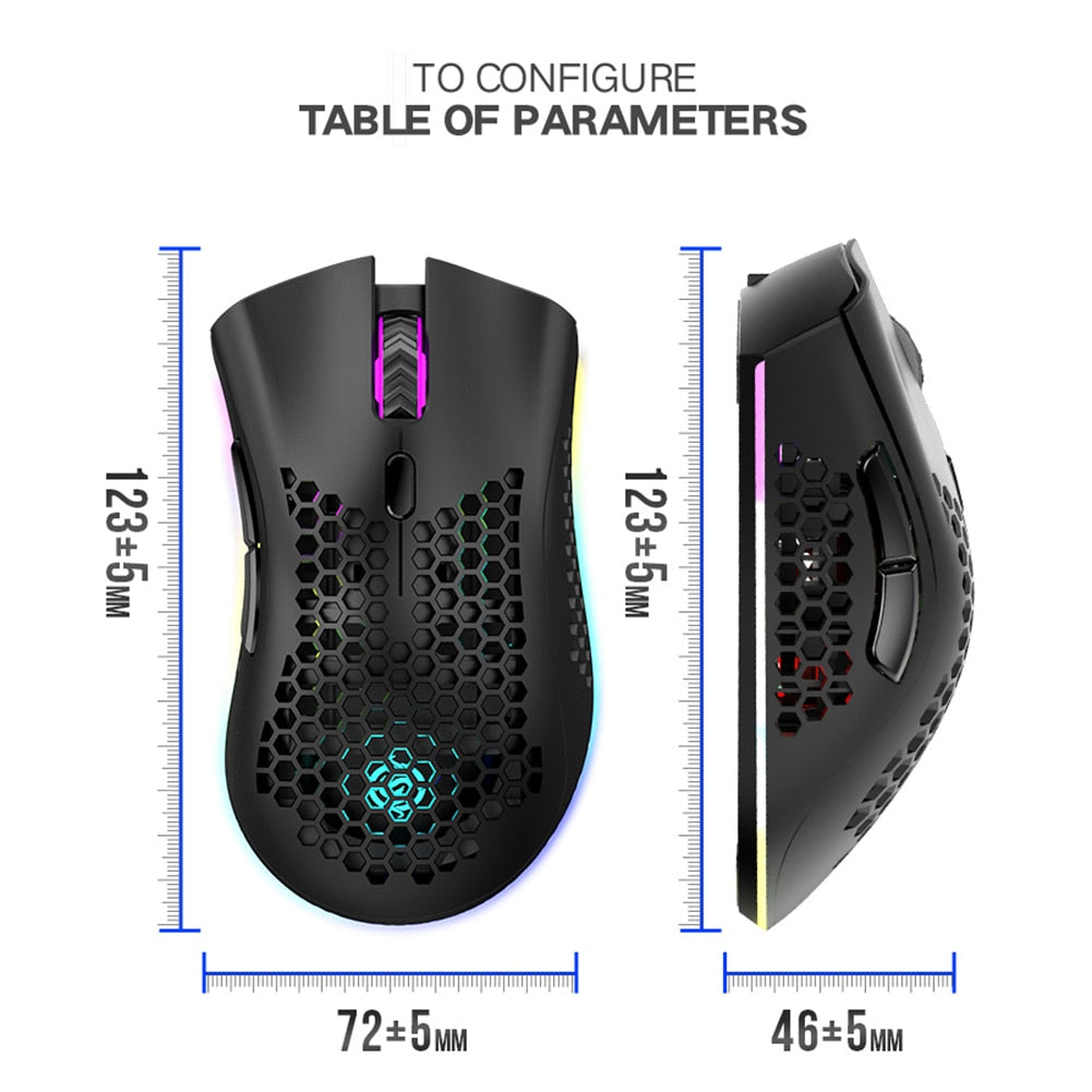 2.4GHz Wireless Gaming Mouse 7 Button 1600 DPI Adjustable RGB Backlit Rechargeable Mouse Lightweight Honeycomb Shell Gamer Mice - Korvel