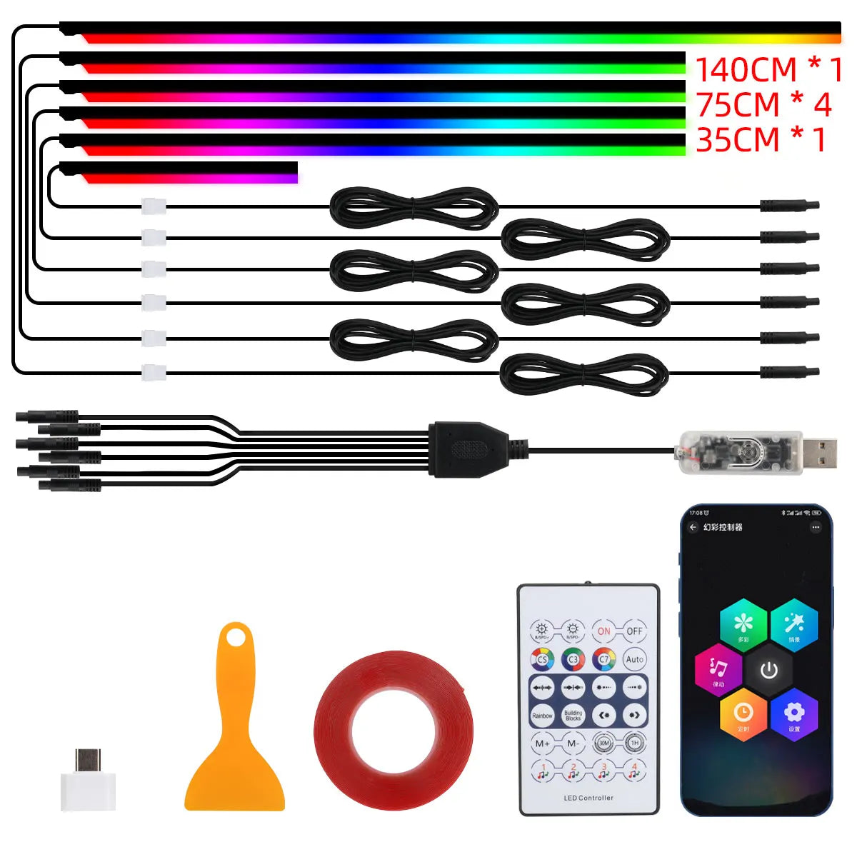 Bande lumineuse intérieure de voiture RGB LED 10-en-1 avec télécommande