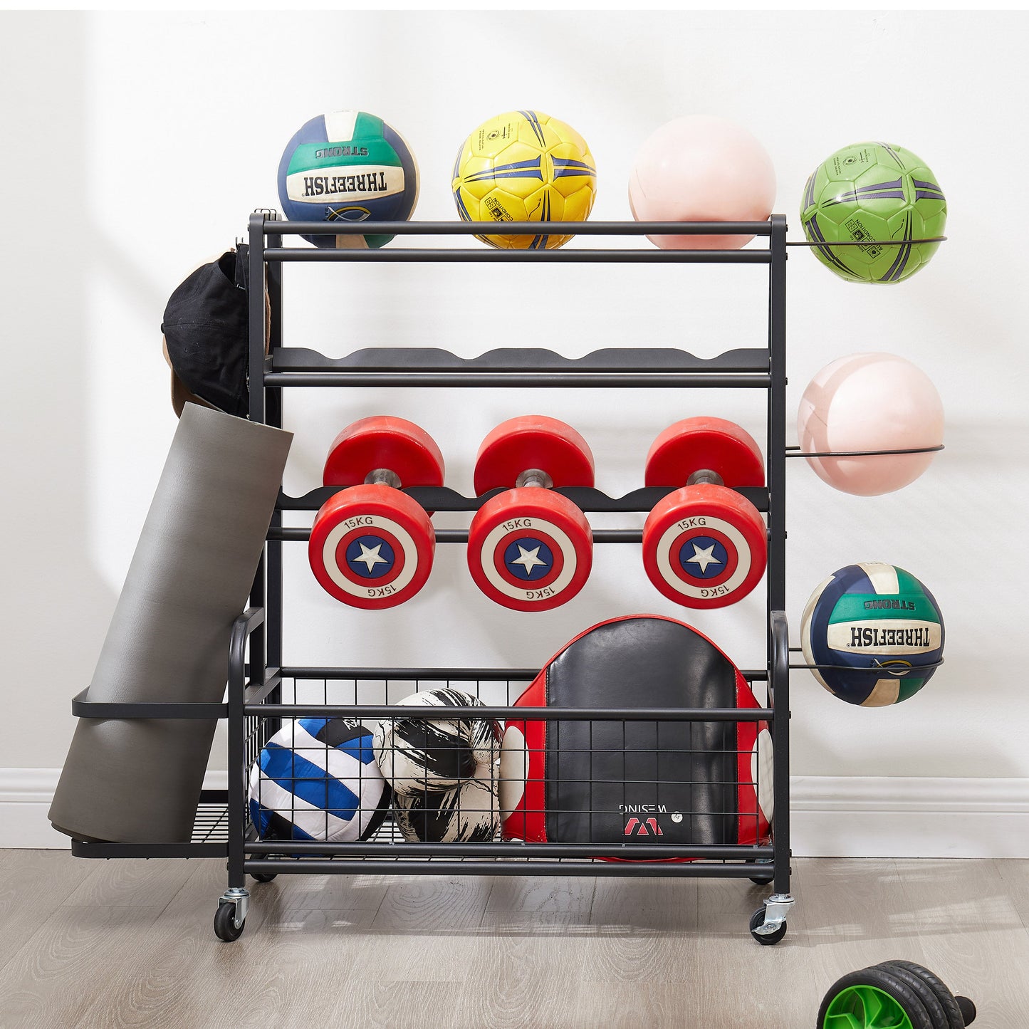 4-Tier Metal Storage Rack with Rolling Wheels and Hooks