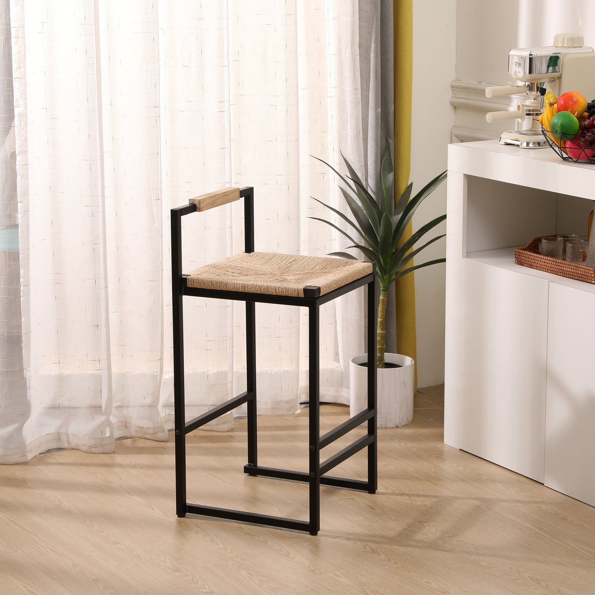 Set of 2 Bar Stools with Back Paper Rope Woven Counter Height Dining Chairs for Kitchen Home (Paper Rope with Back) - Korvel