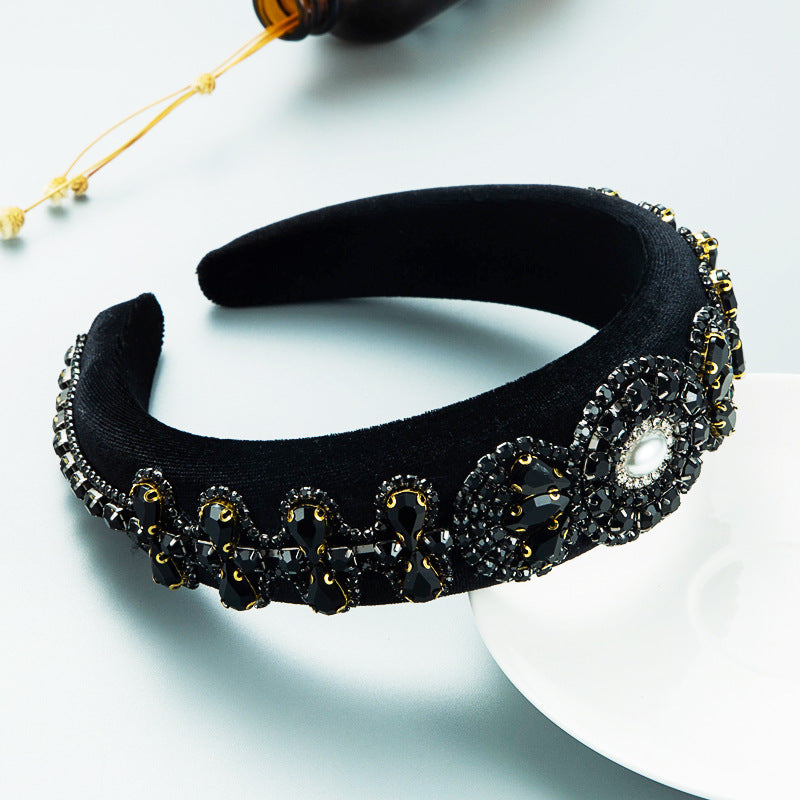 Hair Hoop Heavy Craft Retro Palace Feng Shui Drill Sponge Head Hoop Wide Side Baroque High Skull Top Hair Accessories - Korvel