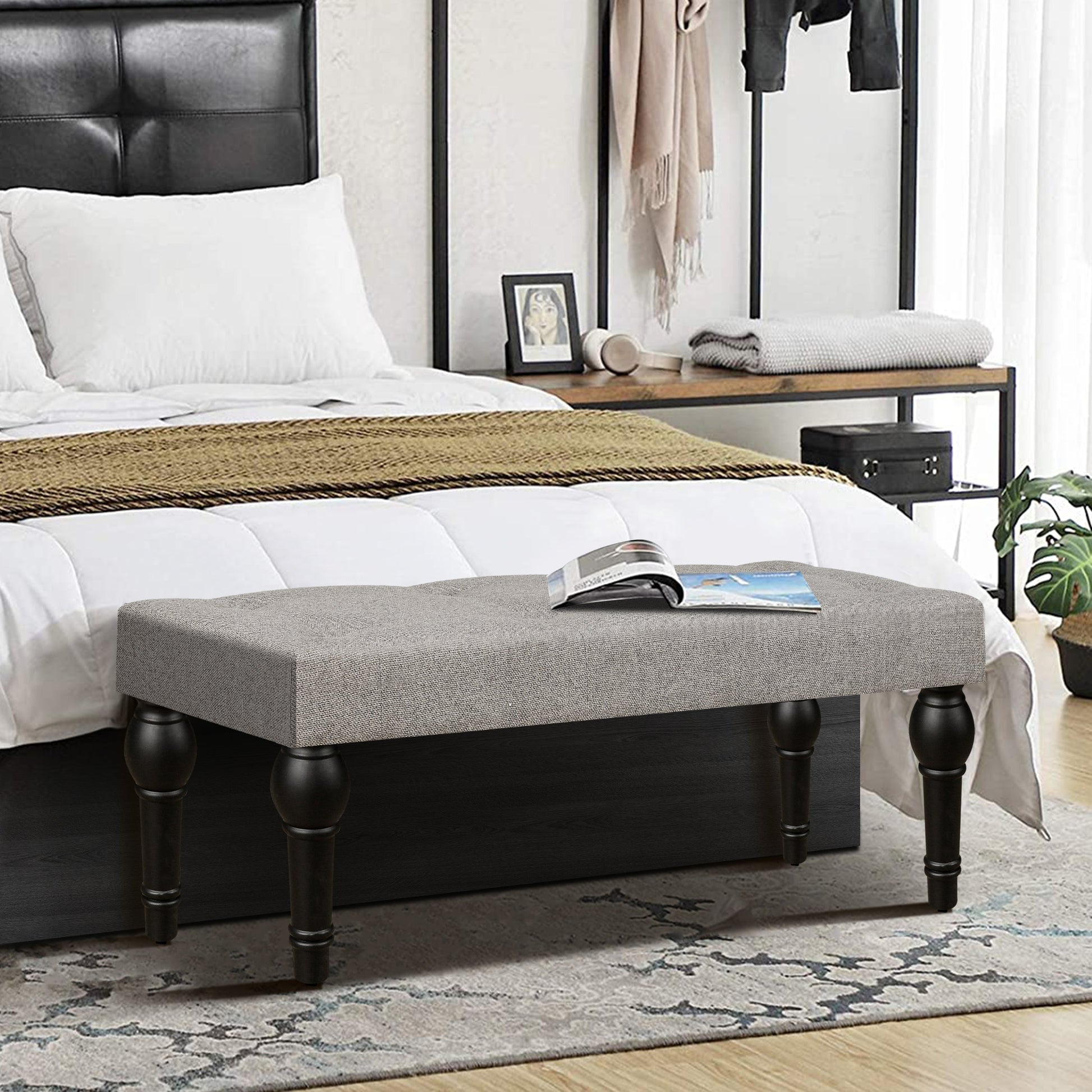 Ottoman Bench 4-thickened Roman Column Feet French Upholstered Bedside Bench For Bedroom Living Room Entryway - Korvel