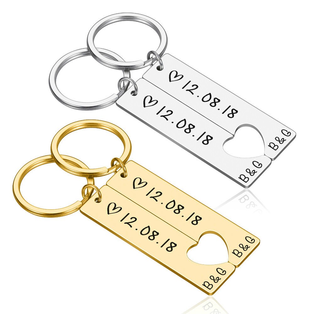 Personalized Heart Keychain Set  Engraved King Date and Name Love Keyring Gift for Couples Girlfriend Boyfriends Key Chain Rings - Korvel