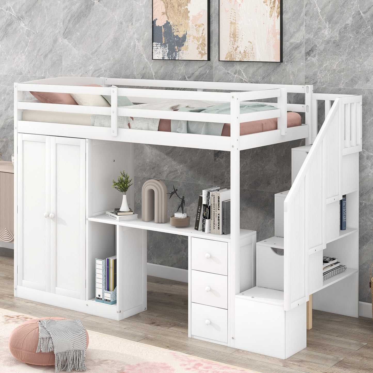 Elegant Twin Size Loft Bed with Wardrobe and Desk in White