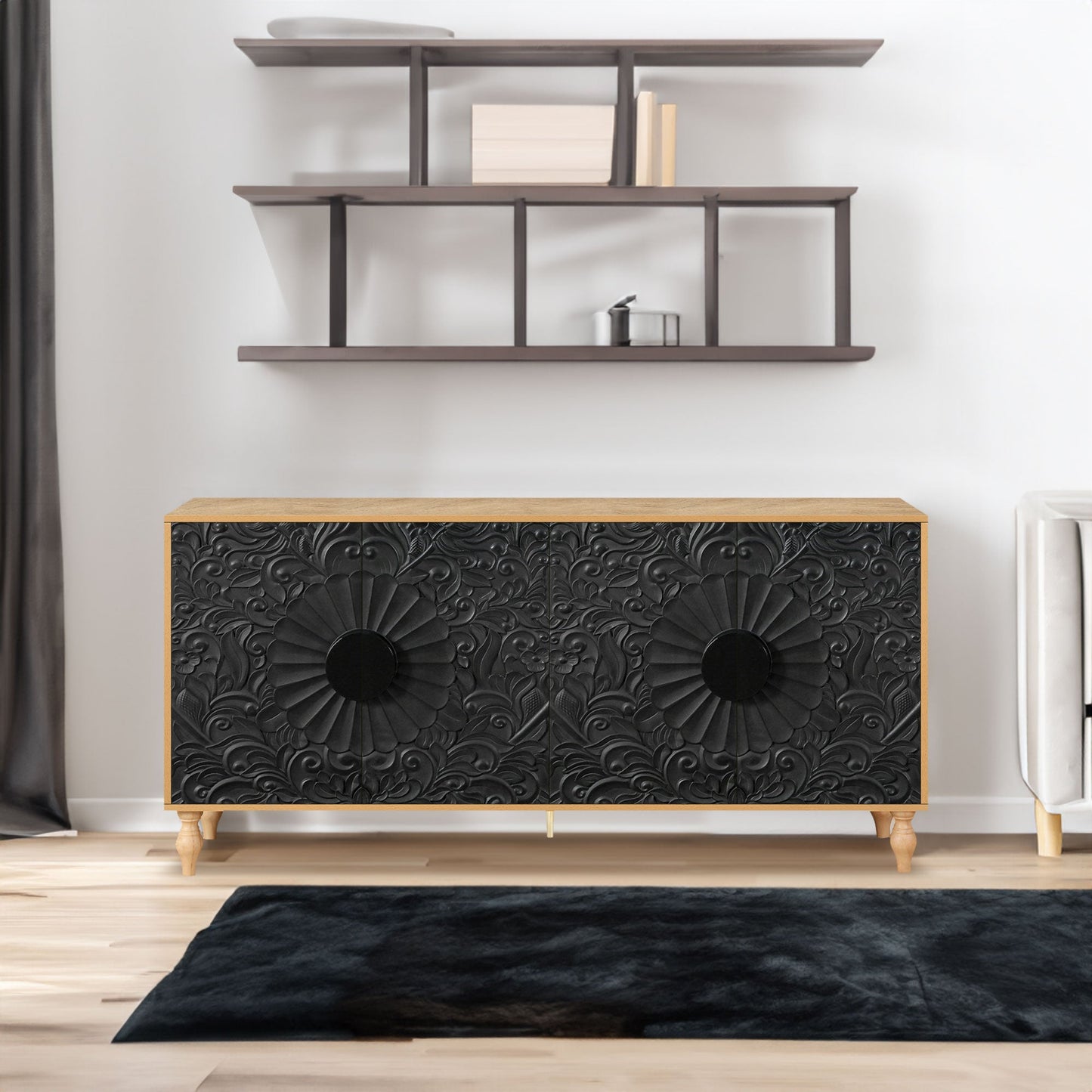 Black Carved Symmetrical Design Door And Wood Coloured Frame For TV Stand Table,Living Room ,Entryway - Korvel