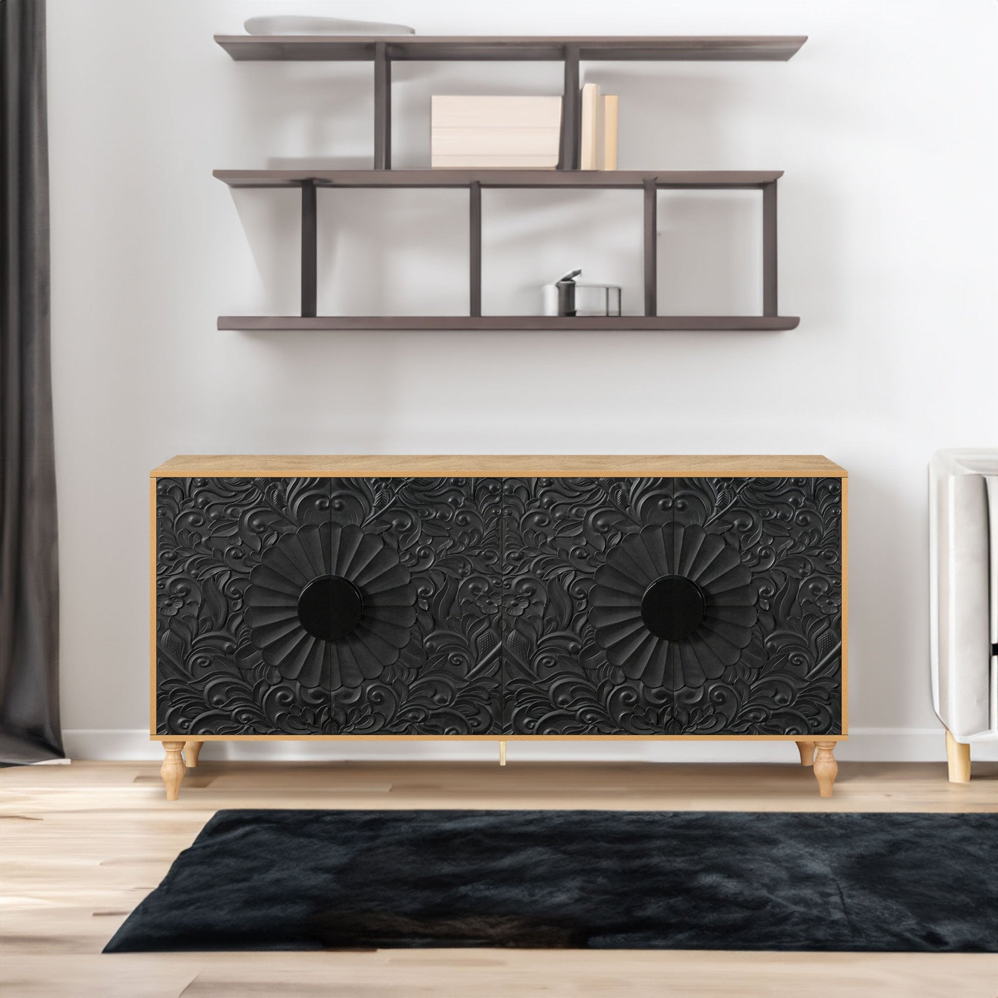 Black Carved Symmetrical Design Door And Wood Coloured Frame For TV Stand Table,Living Room ,Entryway - Korvel
