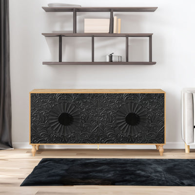 Black Carved Symmetrical Design Door And Wood Coloured Frame For TV Stand Table,Living Room ,Entryway - Korvel
