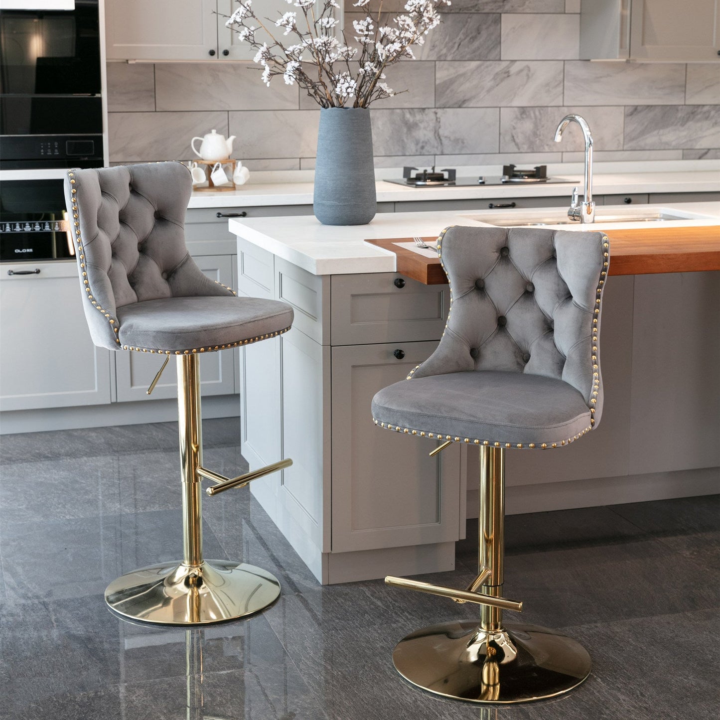 Adjusatble Seat Height from 25-33 Inch, Modern Upholstered Bar Stools with Backs Comfortable Tufted for Home Pub and Kitchen Is - Korvel