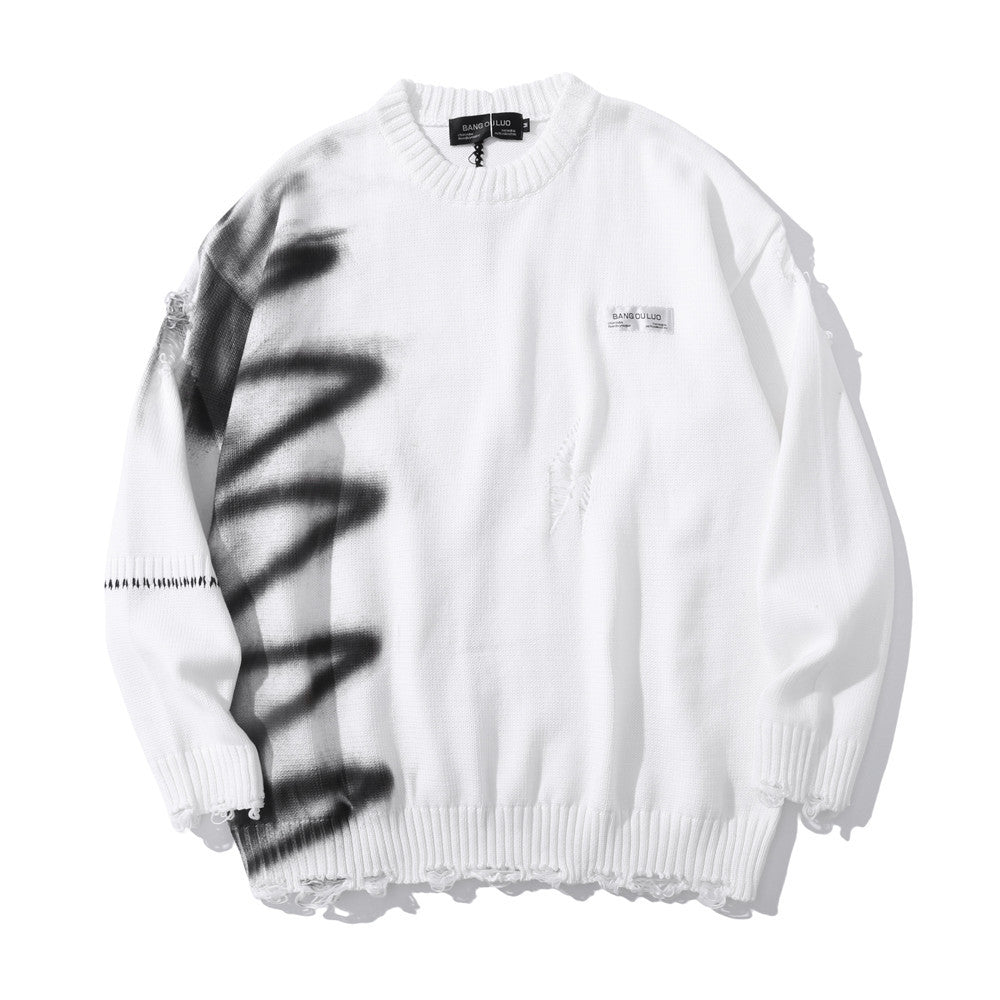 Graffiti Print Crew Neck Knit Sweater Men's Loose Fit Pullover with Hem Holes Street Style Trendy Design - Korvel