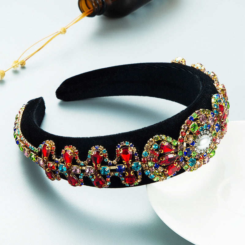 Hair Hoop Heavy Craft Retro Palace Feng Shui Drill Sponge Head Hoop Wide Side Baroque High Skull Top Hair Accessories - Korvel