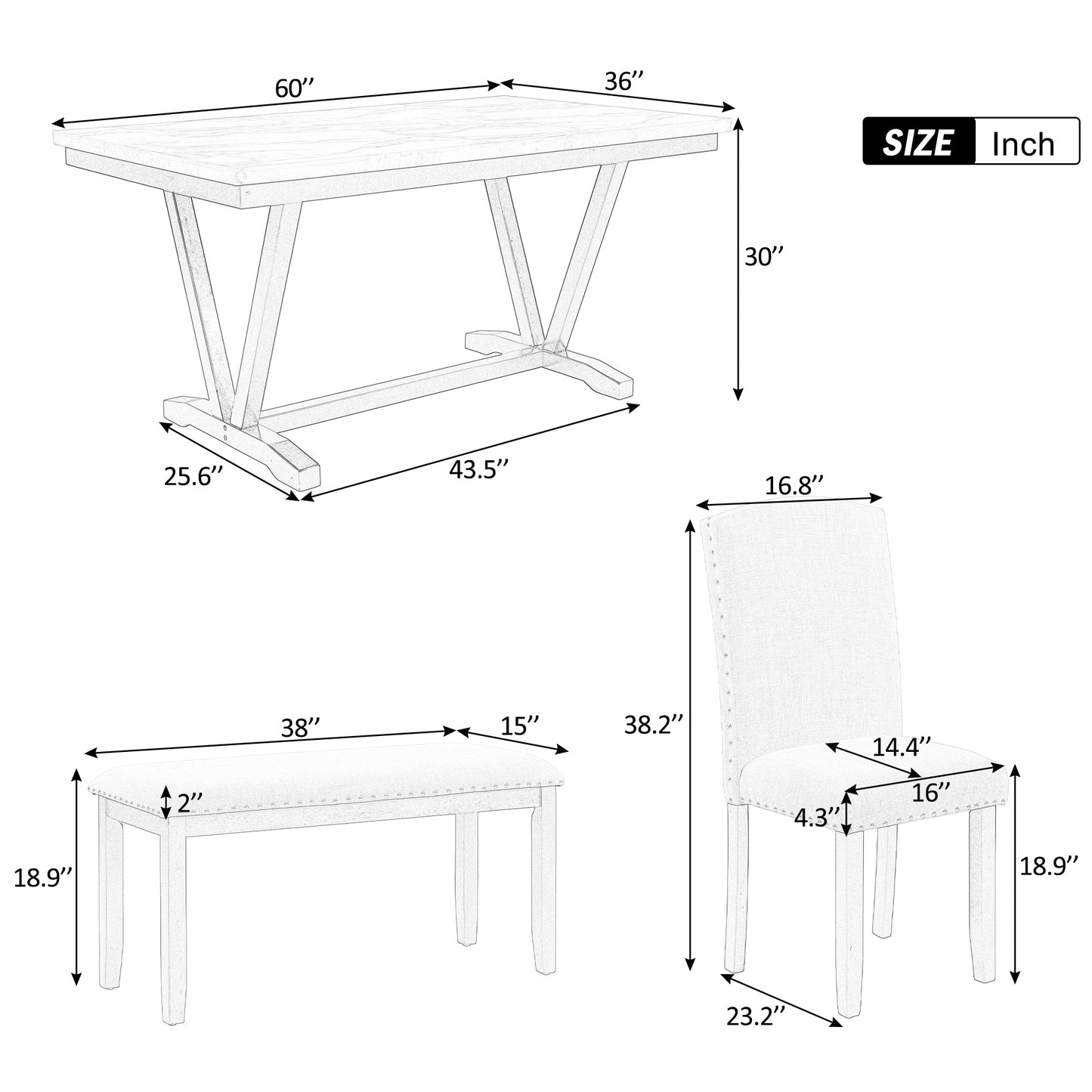 Ensemble de salle à manger moderne TREXM en 6 pièces avec table, chaises et banc