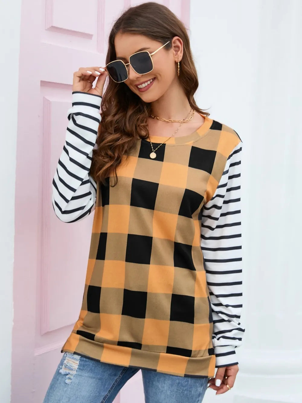 Plaid Striped Round Neck Long Sleeve T-Shirt - Korvel
