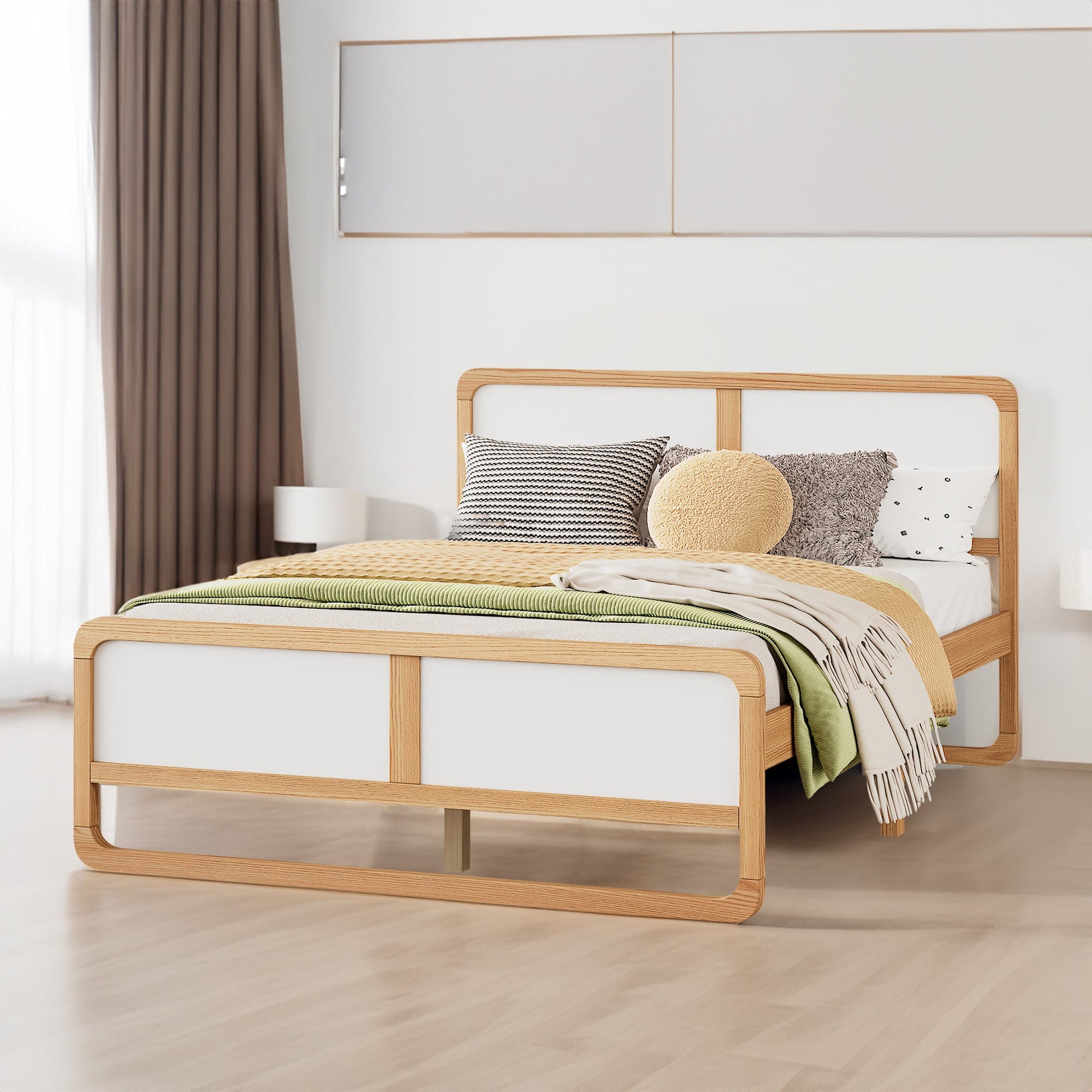 Modern Style Queen Size Solid Wood Platform Bed for Kids, Teens, Adults, No Need Box Spring, Walnut and White - Korvel