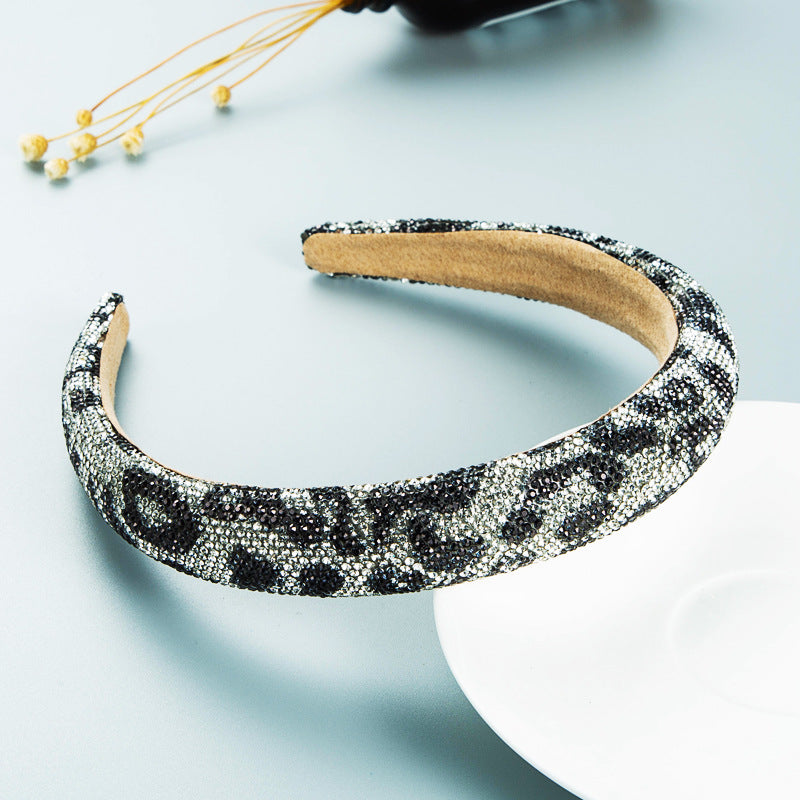 Hair Hoop Retro Baroque Starry Rhinestone Sponge Head Hoop Personality Wide-Brimmed Leopard Print Banquet Headwear Hairpin - Korvel