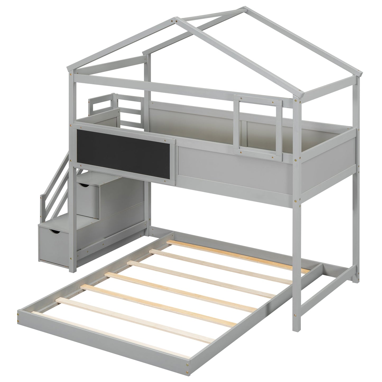 Twin over Full House Bunk Bed with Storage Staircase and Blackboard Gray - Korvel