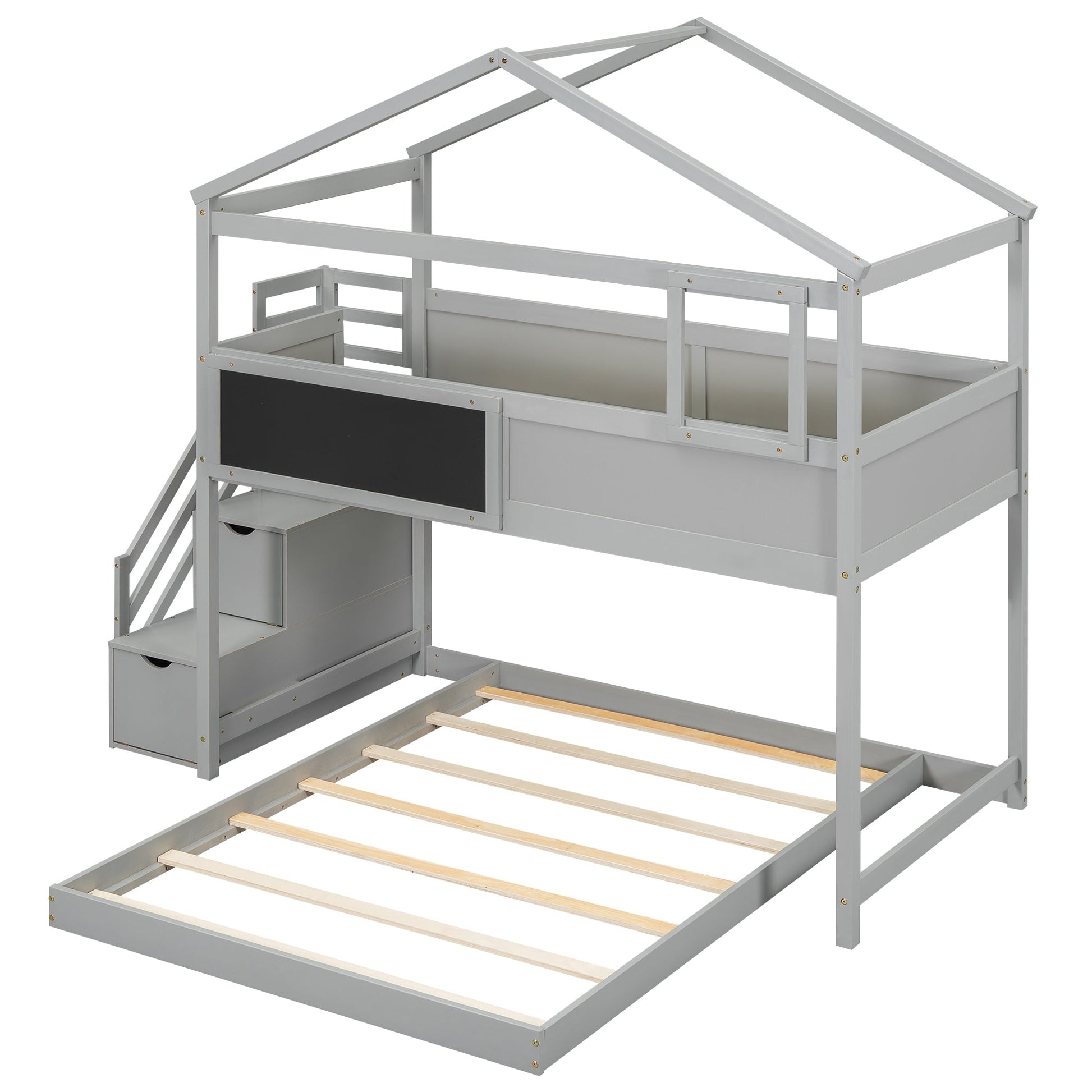 Twin over Full House Bunk Bed with Storage Staircase and Blackboard Gray - Korvel