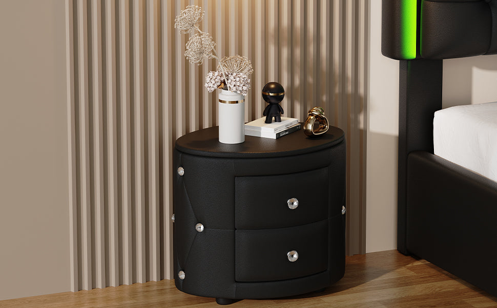 Elegant PU Nightstand with 2 Drawers and Crystal Handle,Fully Assembled Except Legs&Handles,Storage Bedside Table - Black - Korvel