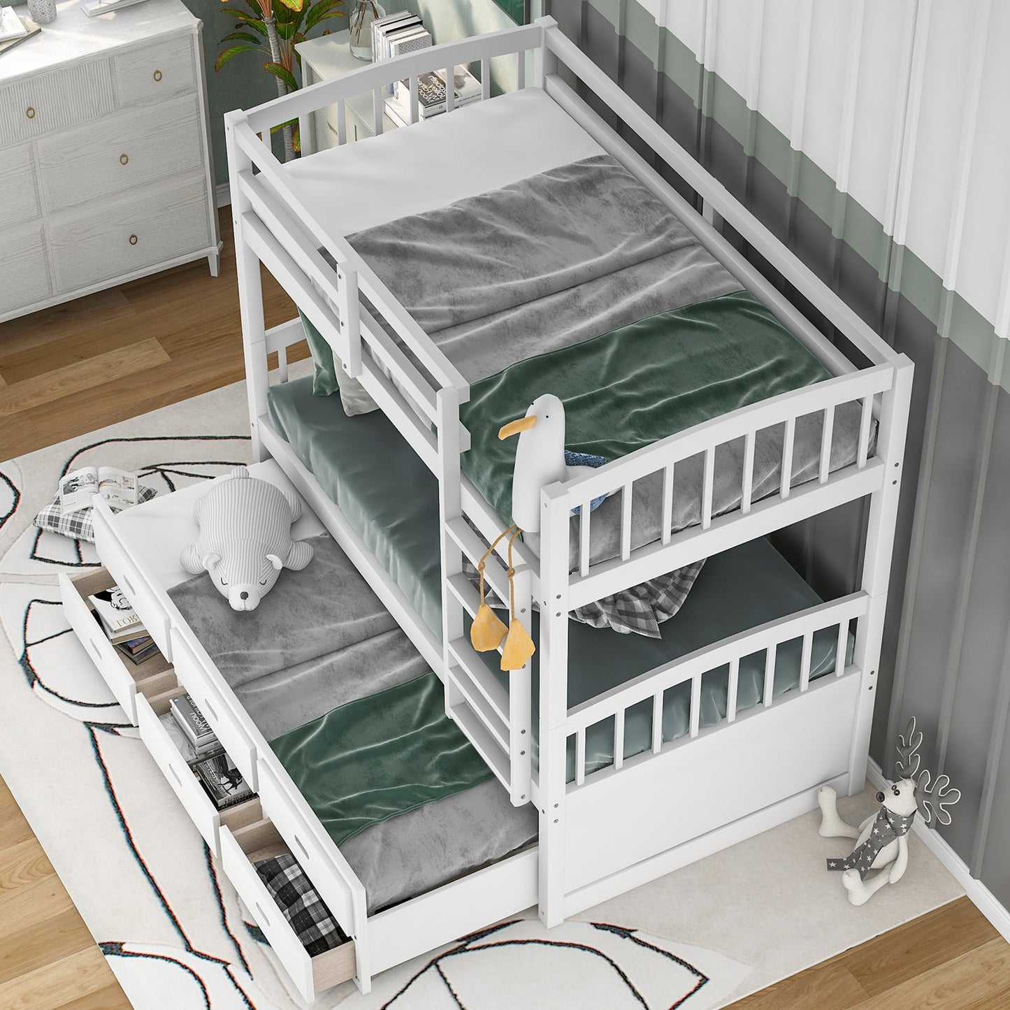 Twin over Twin Wood Bunk Bed with Trundle and Drawers White - Korvel