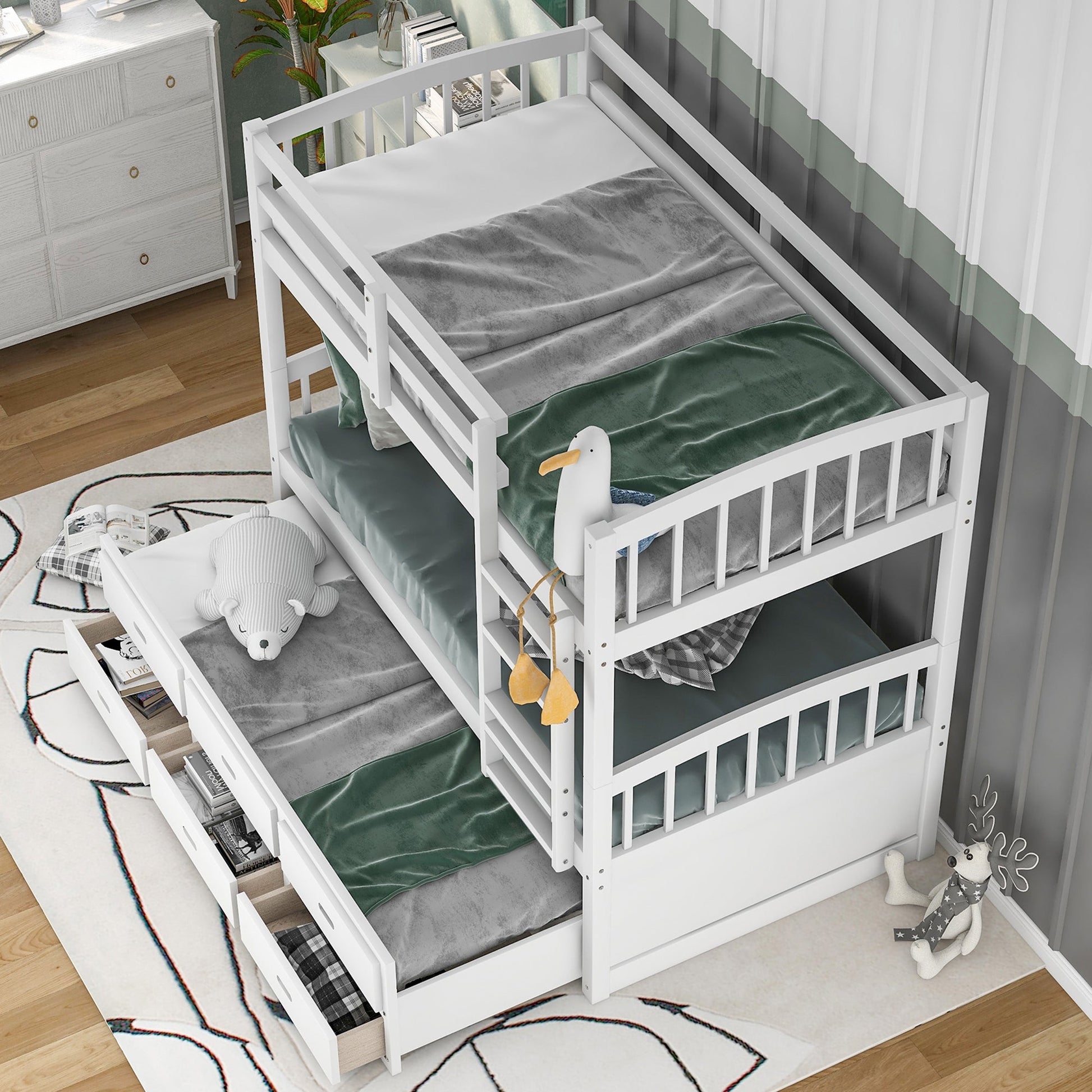 Twin over Twin Wood Bunk Bed with Trundle and Drawers White - Korvel
