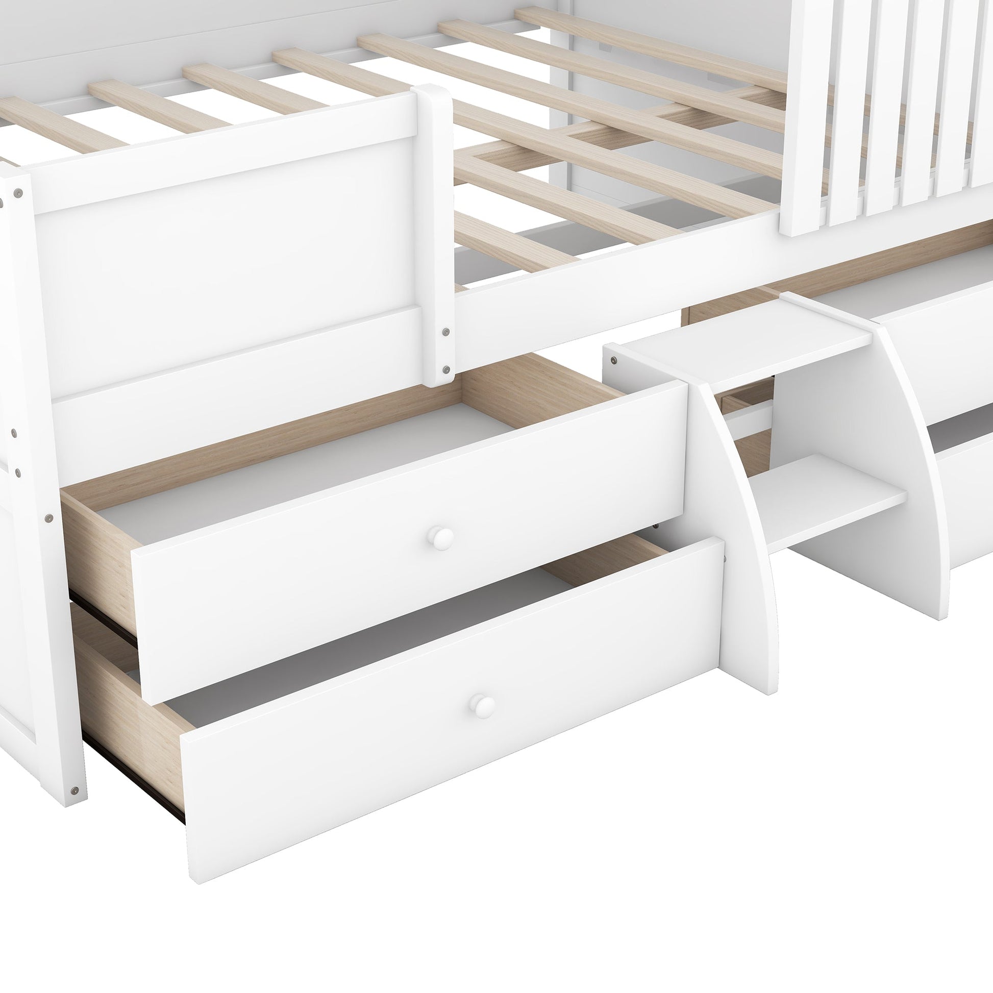 Full Size House Low Loft Bed with Four Drawers,White - Korvel