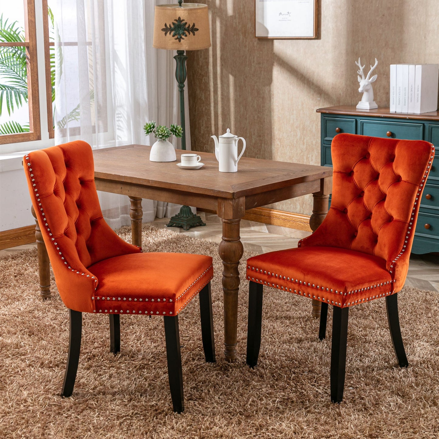 Premium Velvet Upholstered Dining Chair Set - Orange