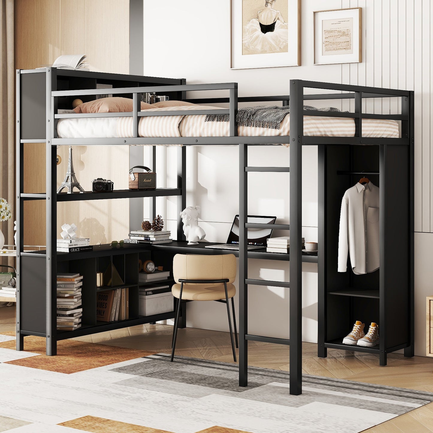 Lit mezzanine en métal premium avec armoire et bureau