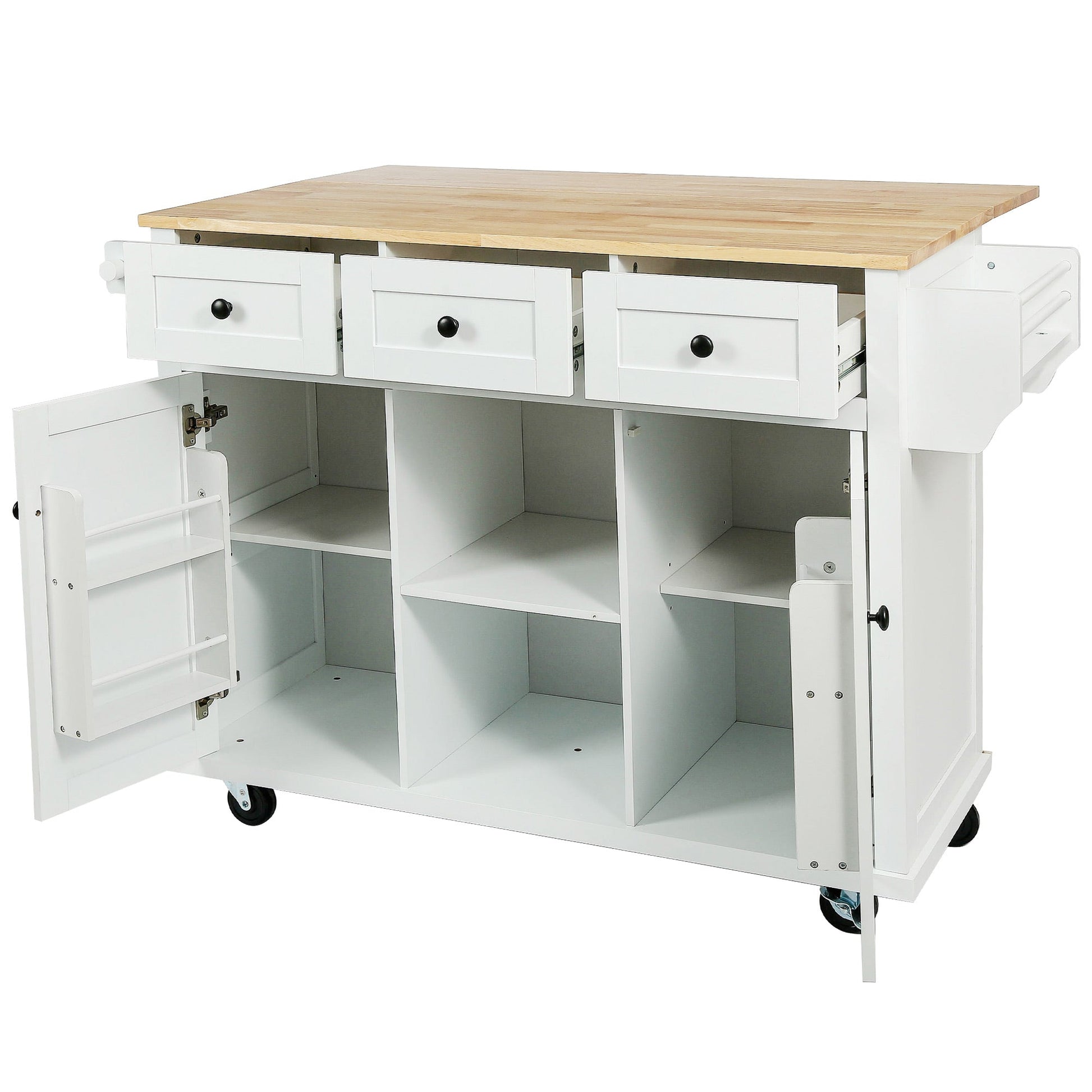 Kitchen trolley with rubber wood leaf countertop, 5-wheel kitchen island, storage cabinet and 3 dining drawers, white - Korvel