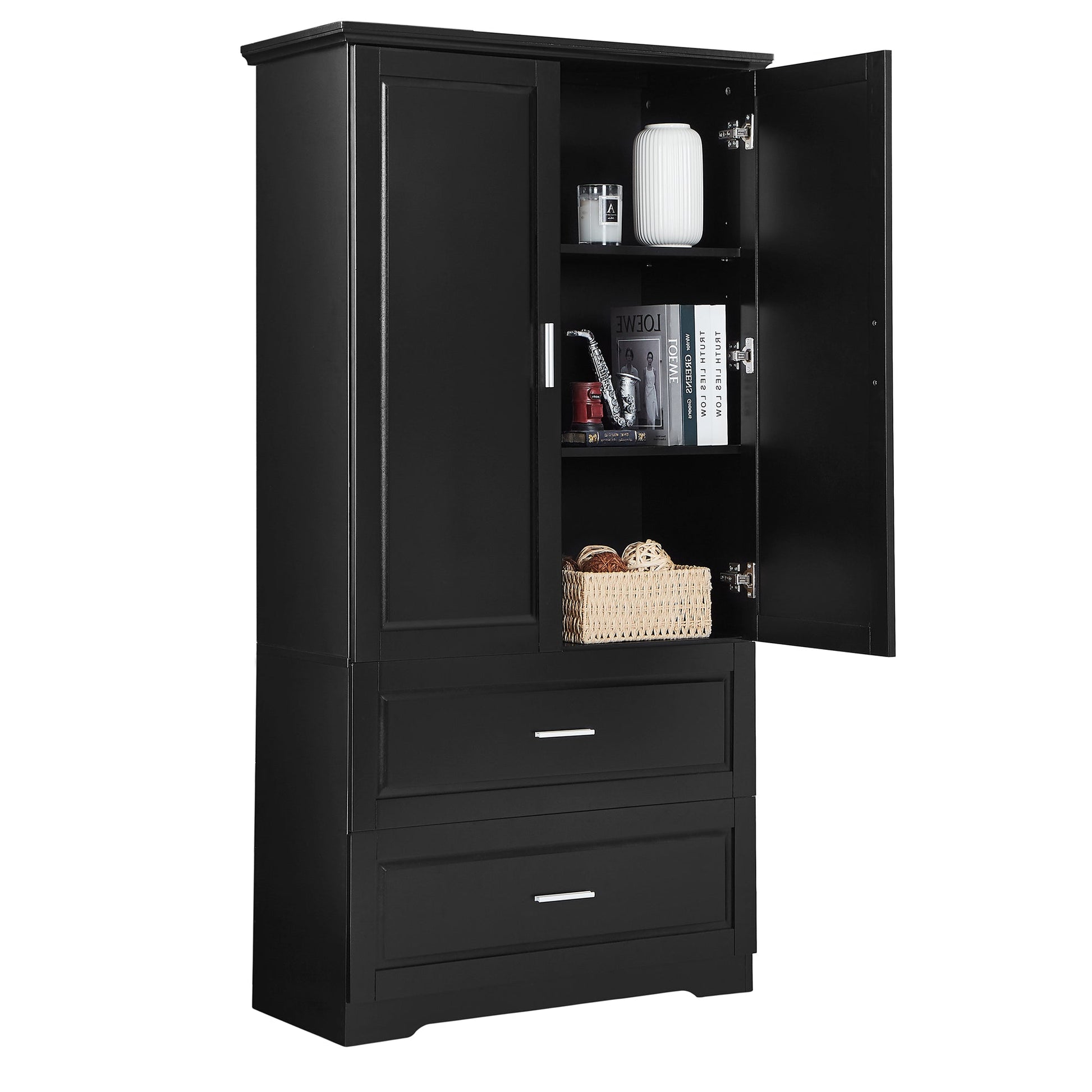 Tall Bathroom Storage Cabinet, Cabinet with Two Doors and Drawers, Adjustable Shelf, MDF Board, Black - Korvel