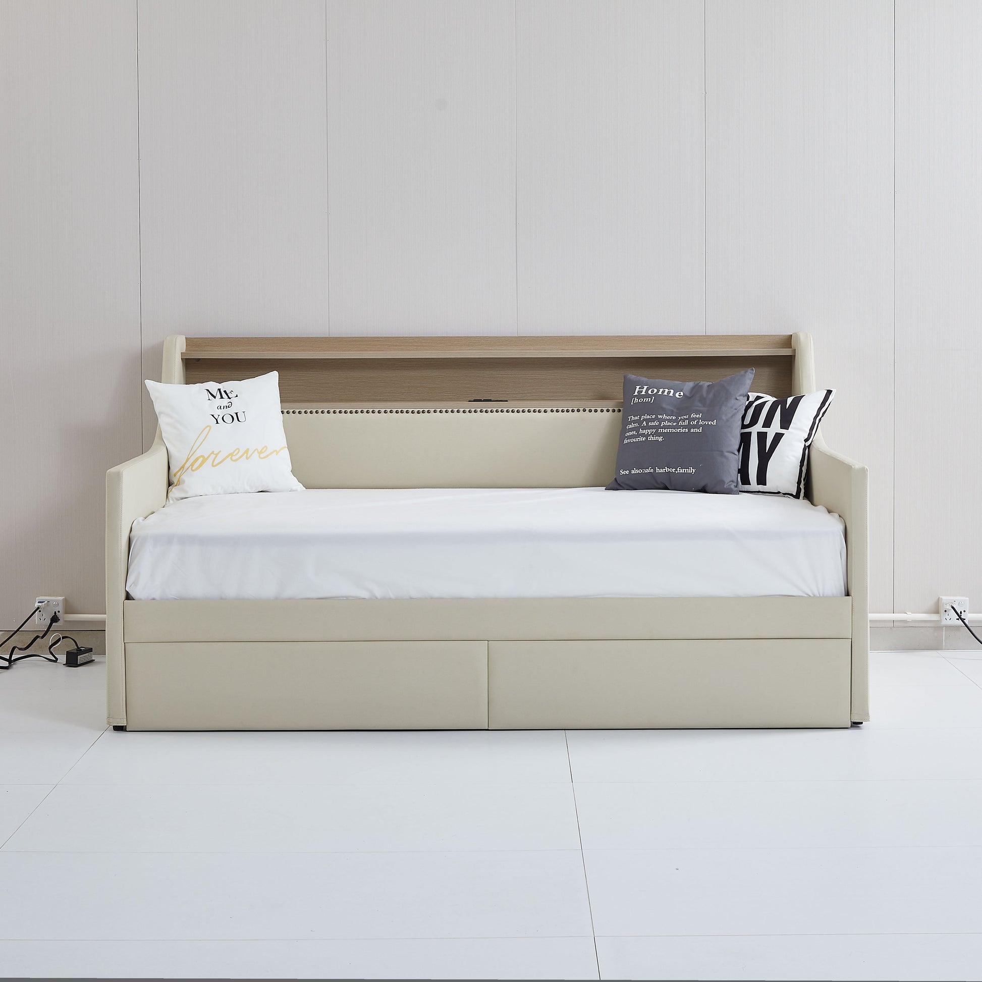 Twin Size Daybed with Storage Drawers, Upholstered Daybed with Charging Station and LED Lights, Beige - Korvel