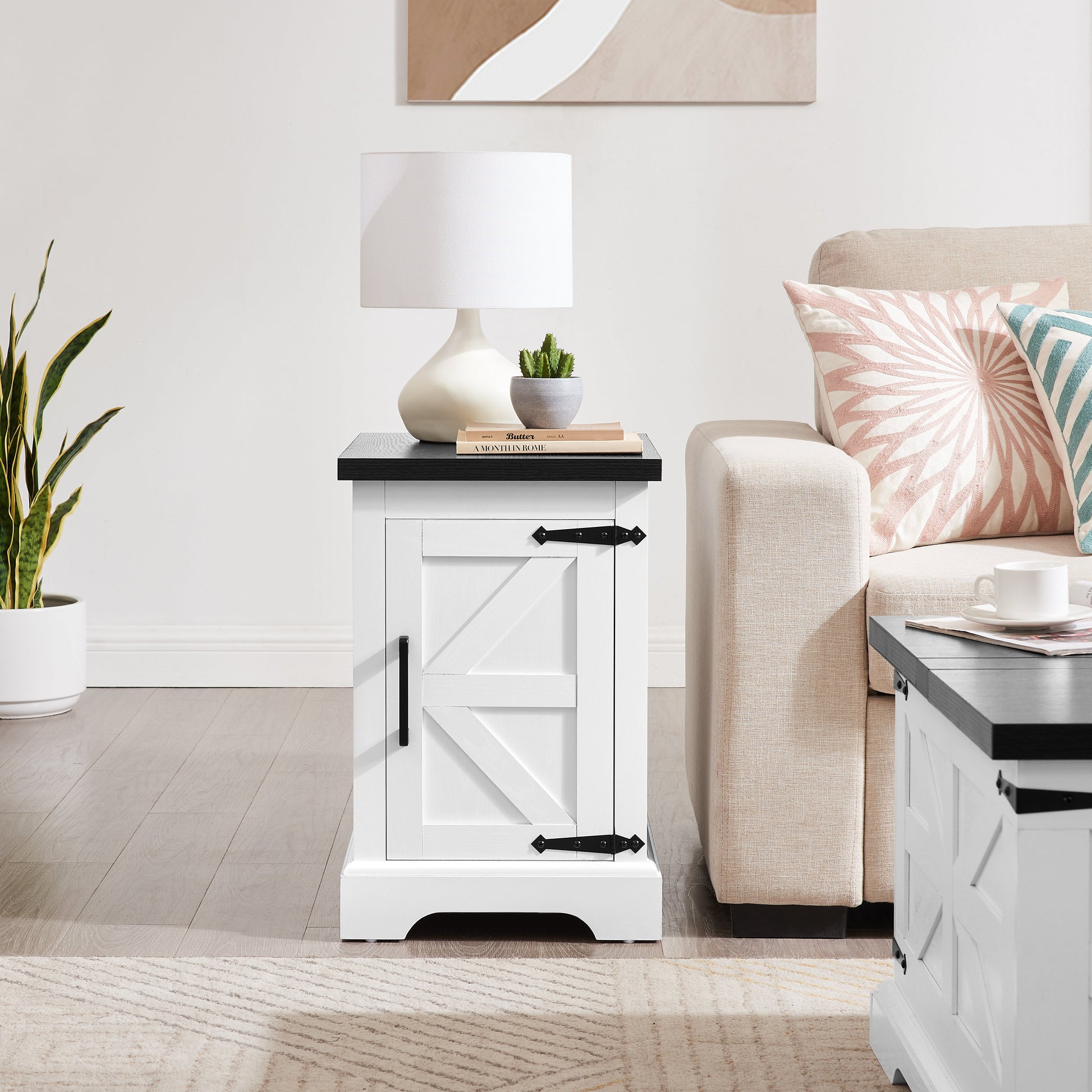 Farmhouse tea table bedside table rectangular farmhouse tea table with barn door and adjustable storage rack, white - Korvel