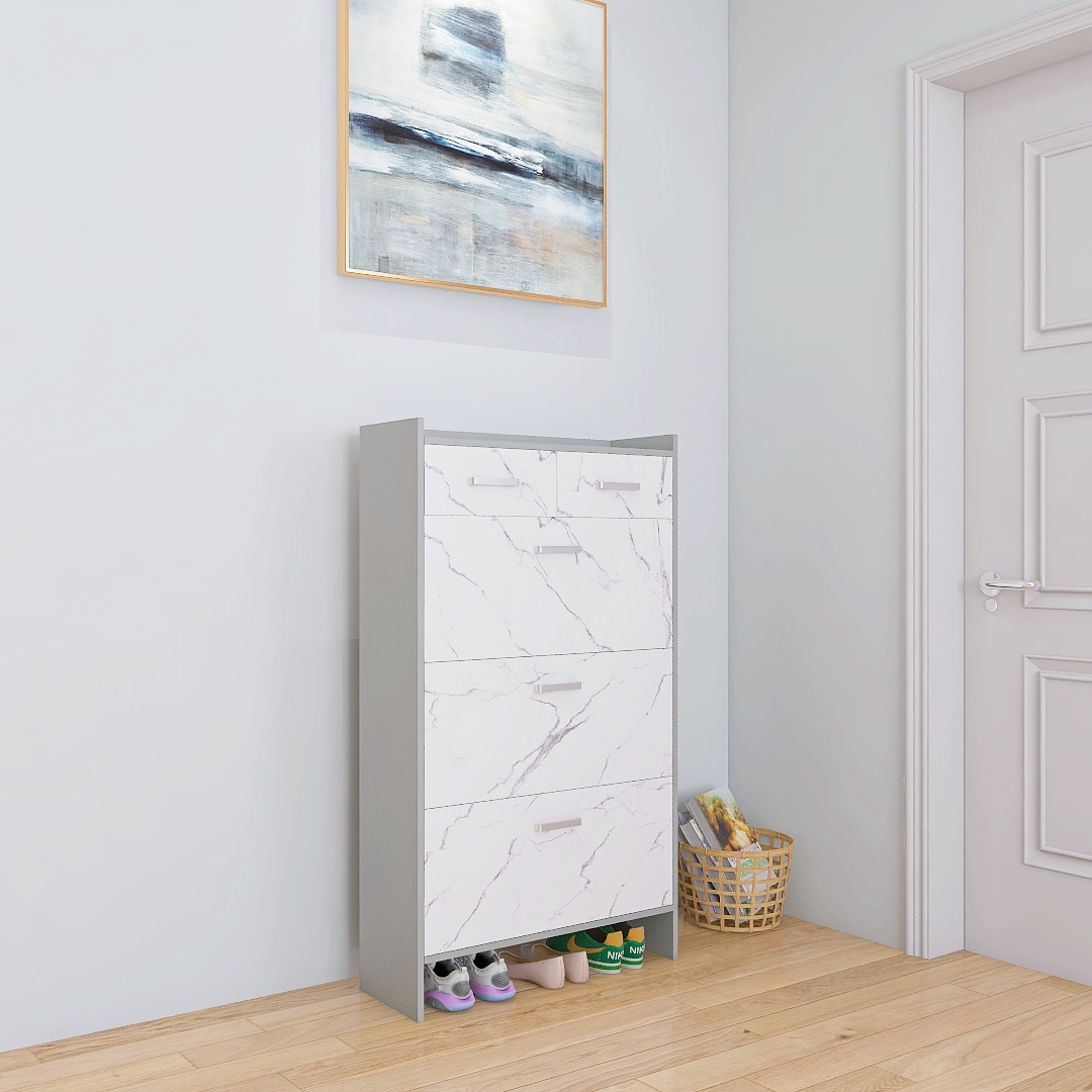 High Glossy Marble Color Shoe Rack with 3 Doors and 2 Drawers