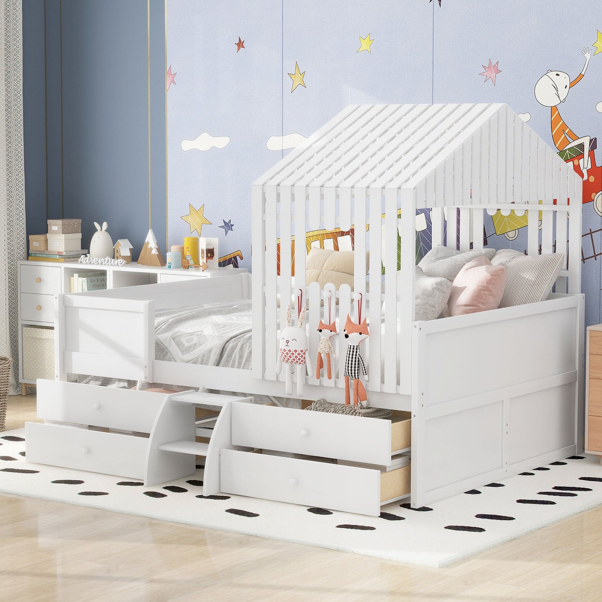 Full Size House Low Loft Bed with Four Drawers,White - Korvel