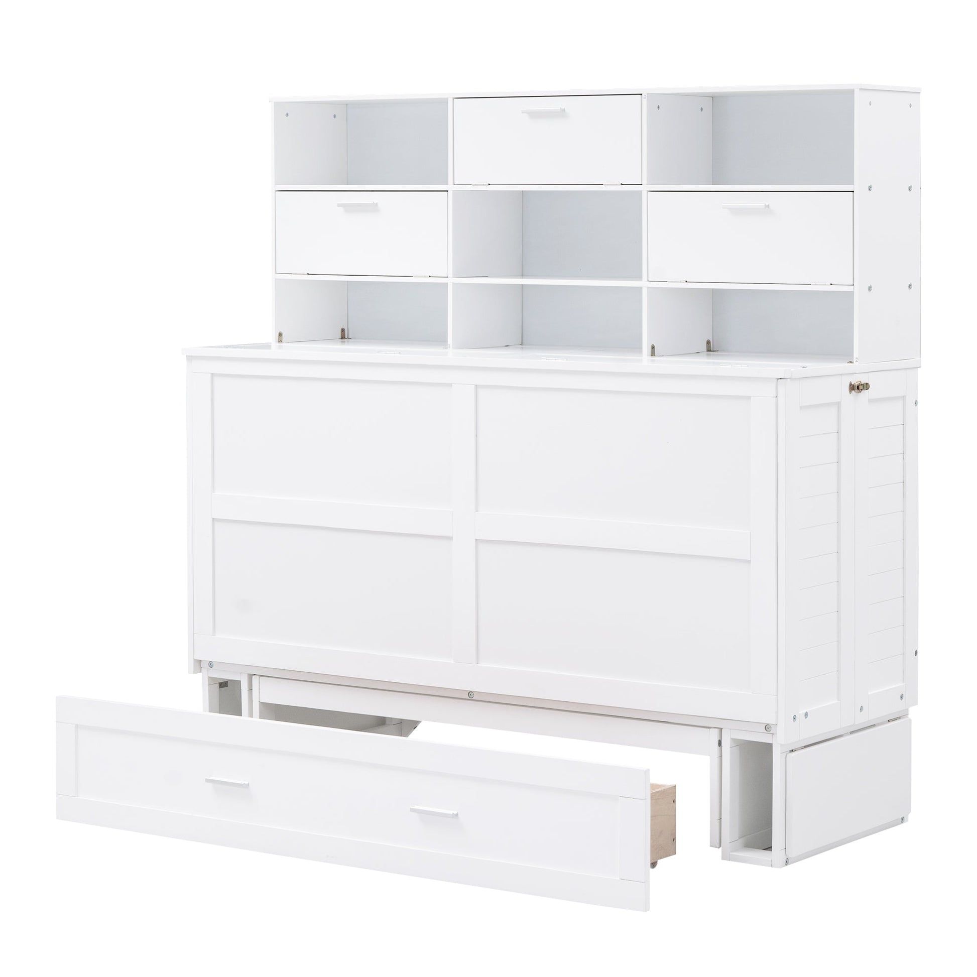 ueen Size Murphy Bed with Bookcase, Bedside Shelves and a Big Drawer, White - Korvel